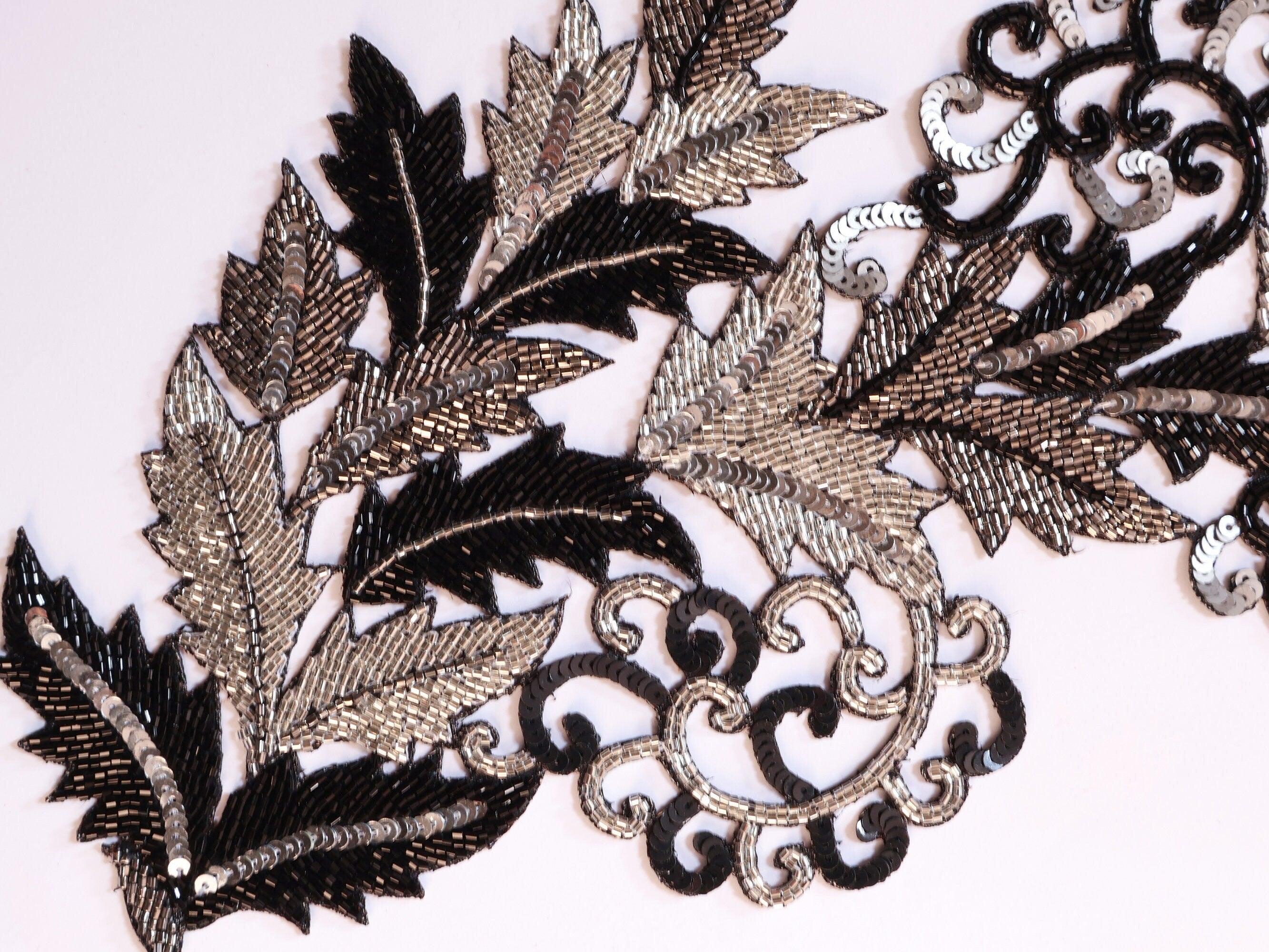 Silver & Black Beaded Applique Patches: Indian Cutdana Sew-On Embellishments