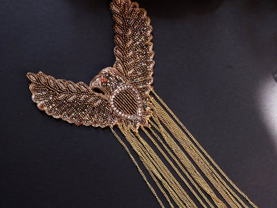 Gold Cutdana Applique Eagle Patch with Suspended Gold Chains