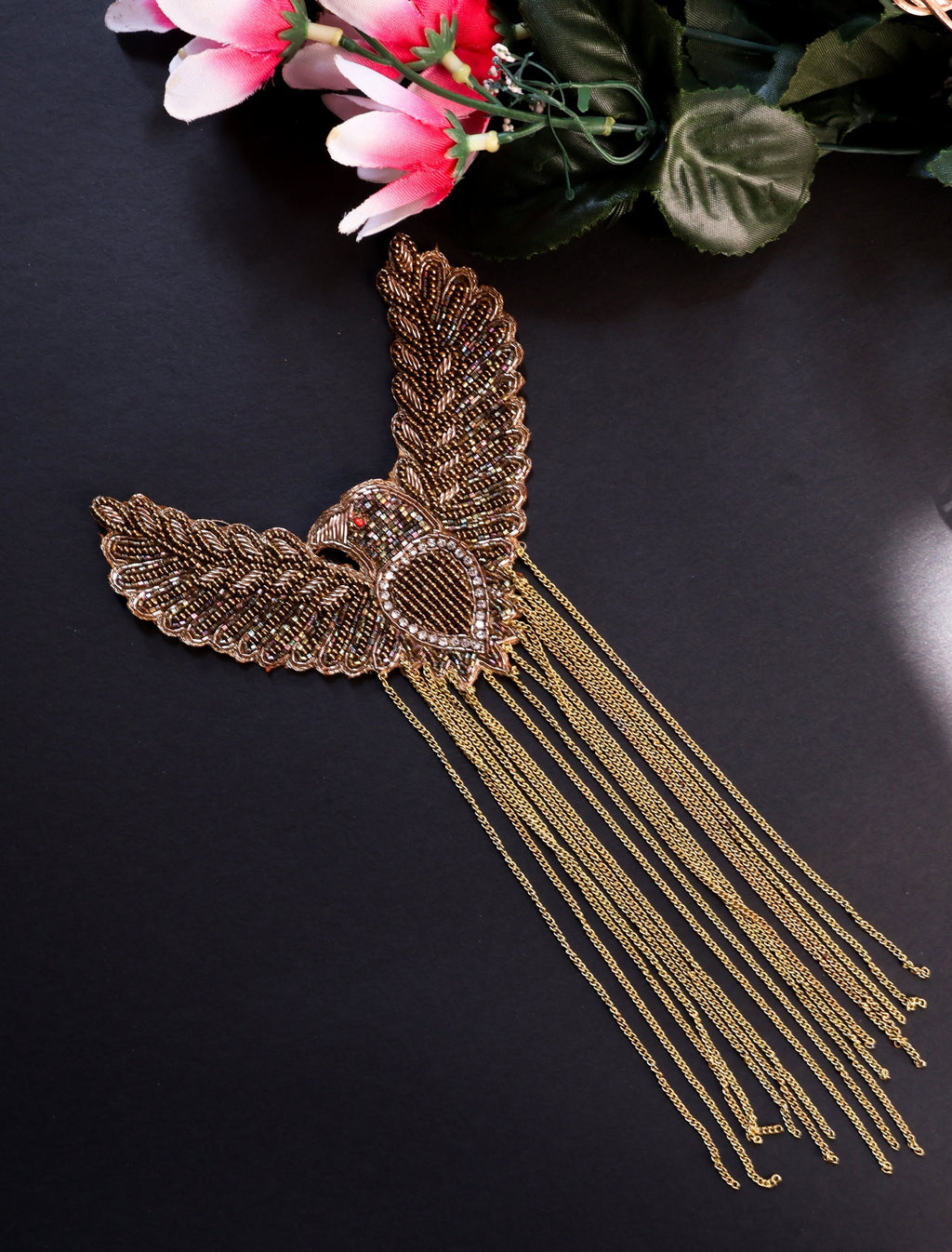 Gold Eagle Applique Patch: Indian Embroidered Sew-On with Suspended Chains