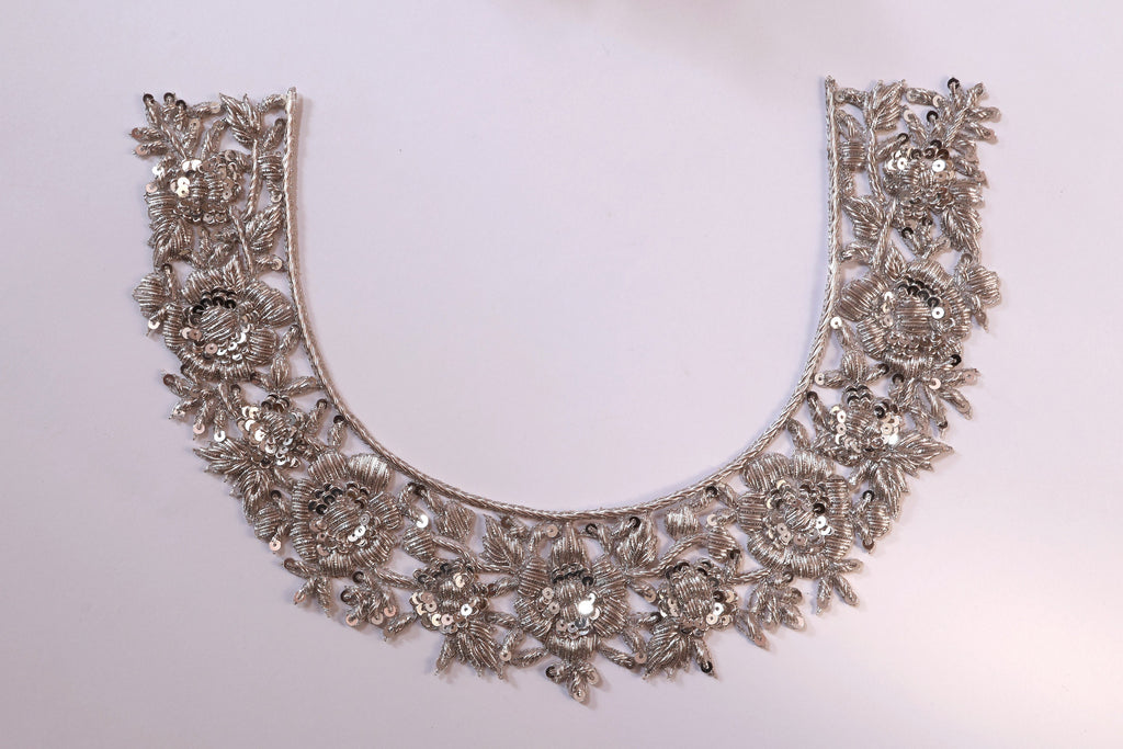 Silver Embroidered Applique: Handcrafted Indian Neckline Patch