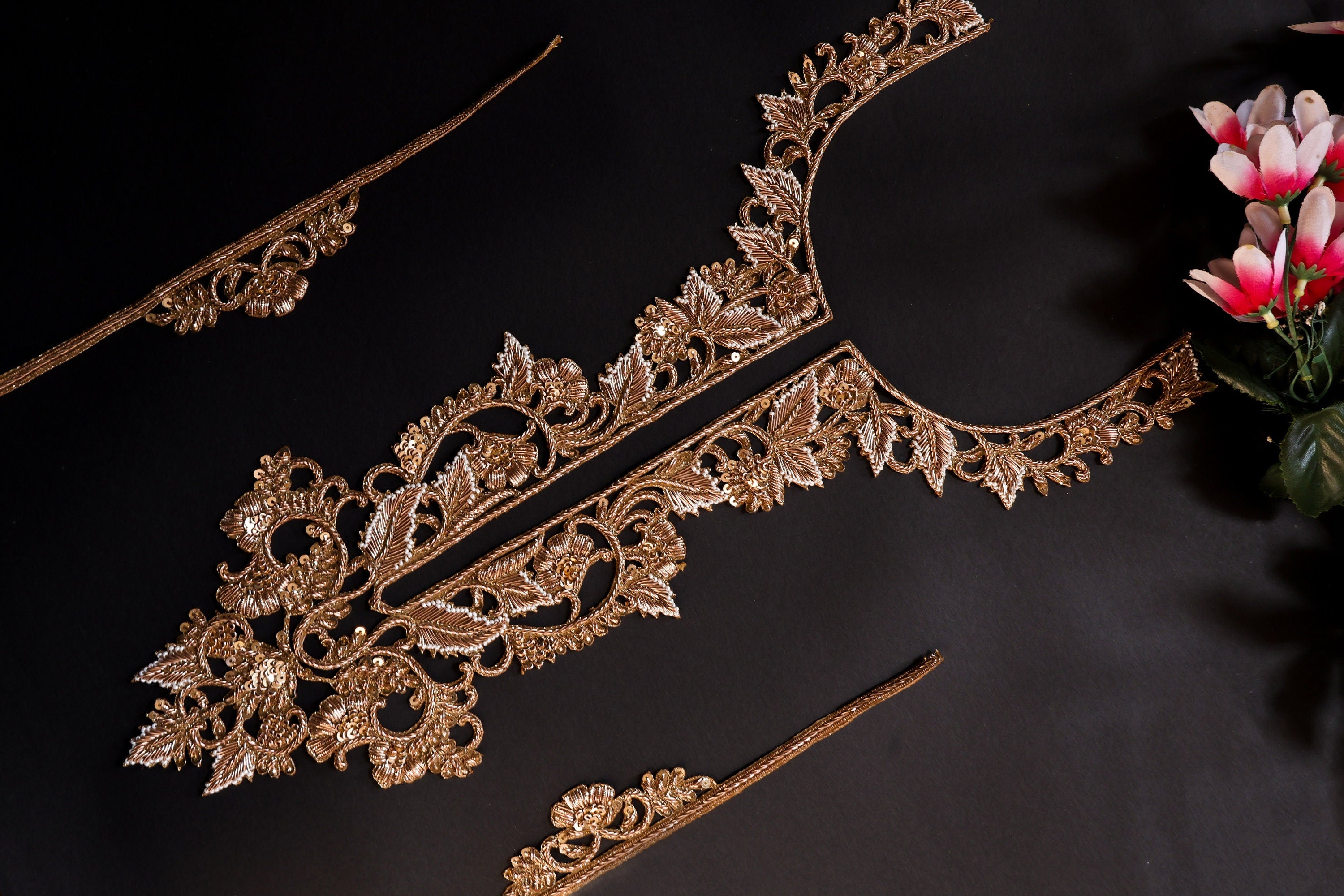 Golden Embroidered Neckline Patch with Sleeves: Indian Zardozi Applique