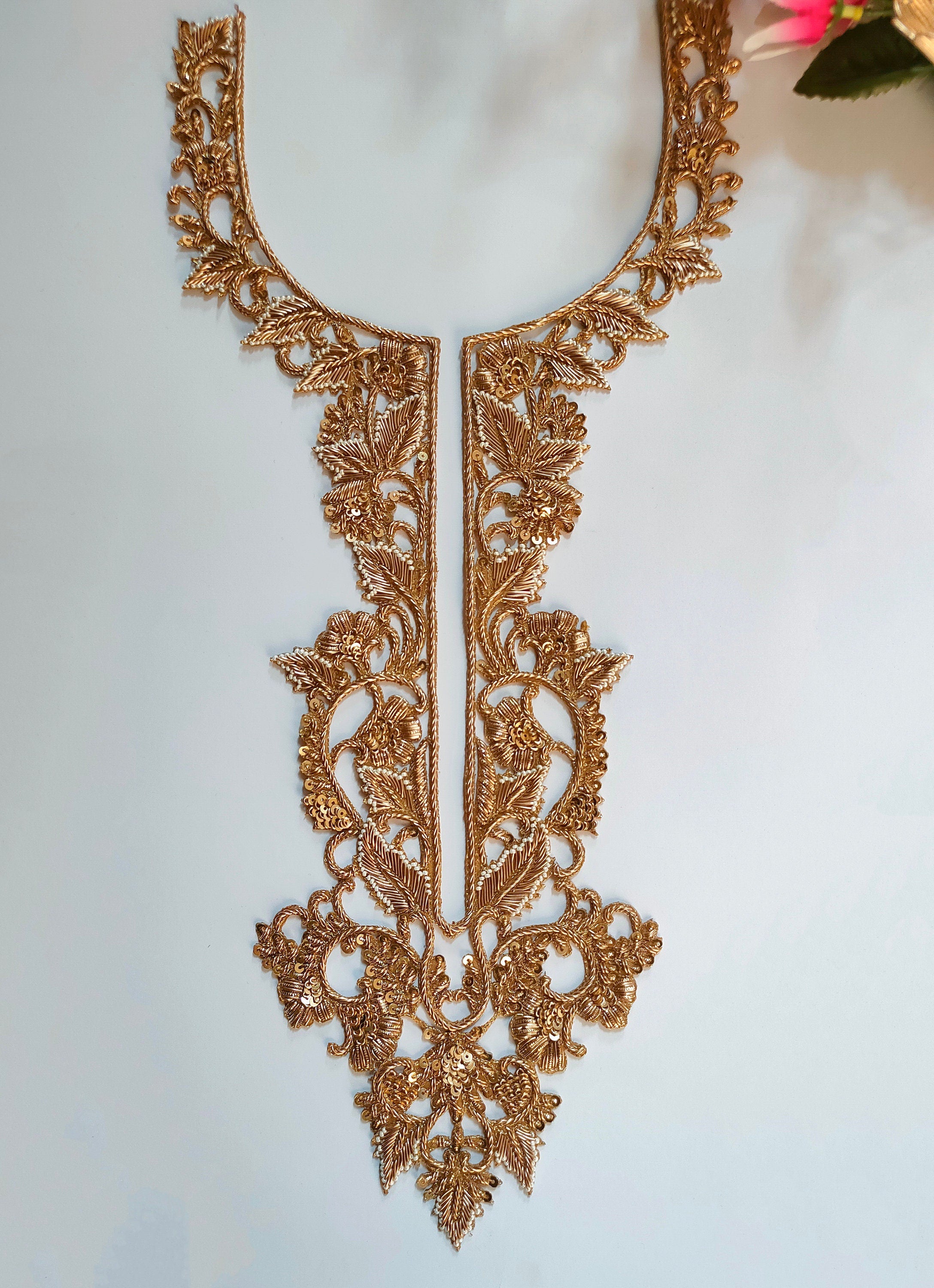 Golden Embroidered Neckline Patch with Sleeves: Indian Zardozi Applique