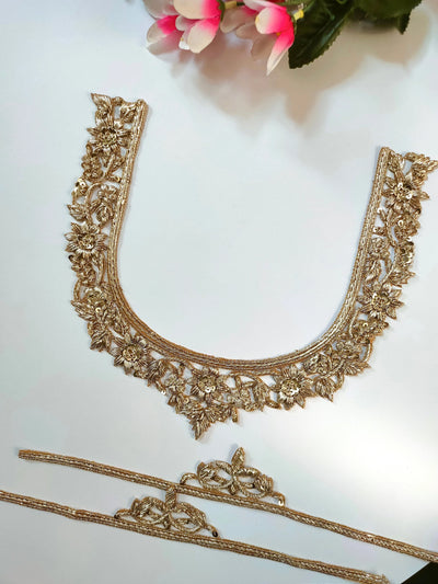 Clear Golden Embroidered Sew on Neckline Patch with Sleeves