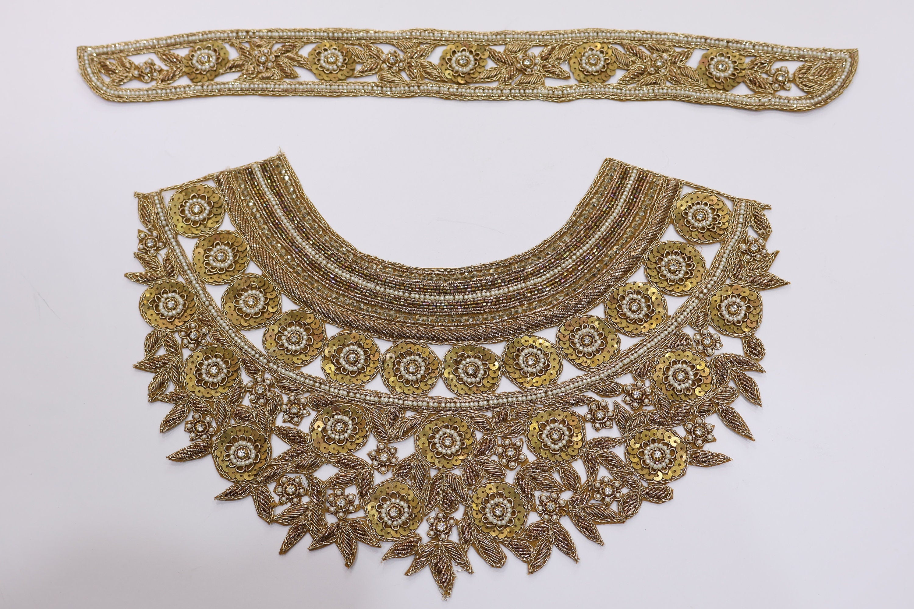 Golden Hand Embroidered Boatneck Sew on Victorian Neckline Patch with Collar - 1 Set