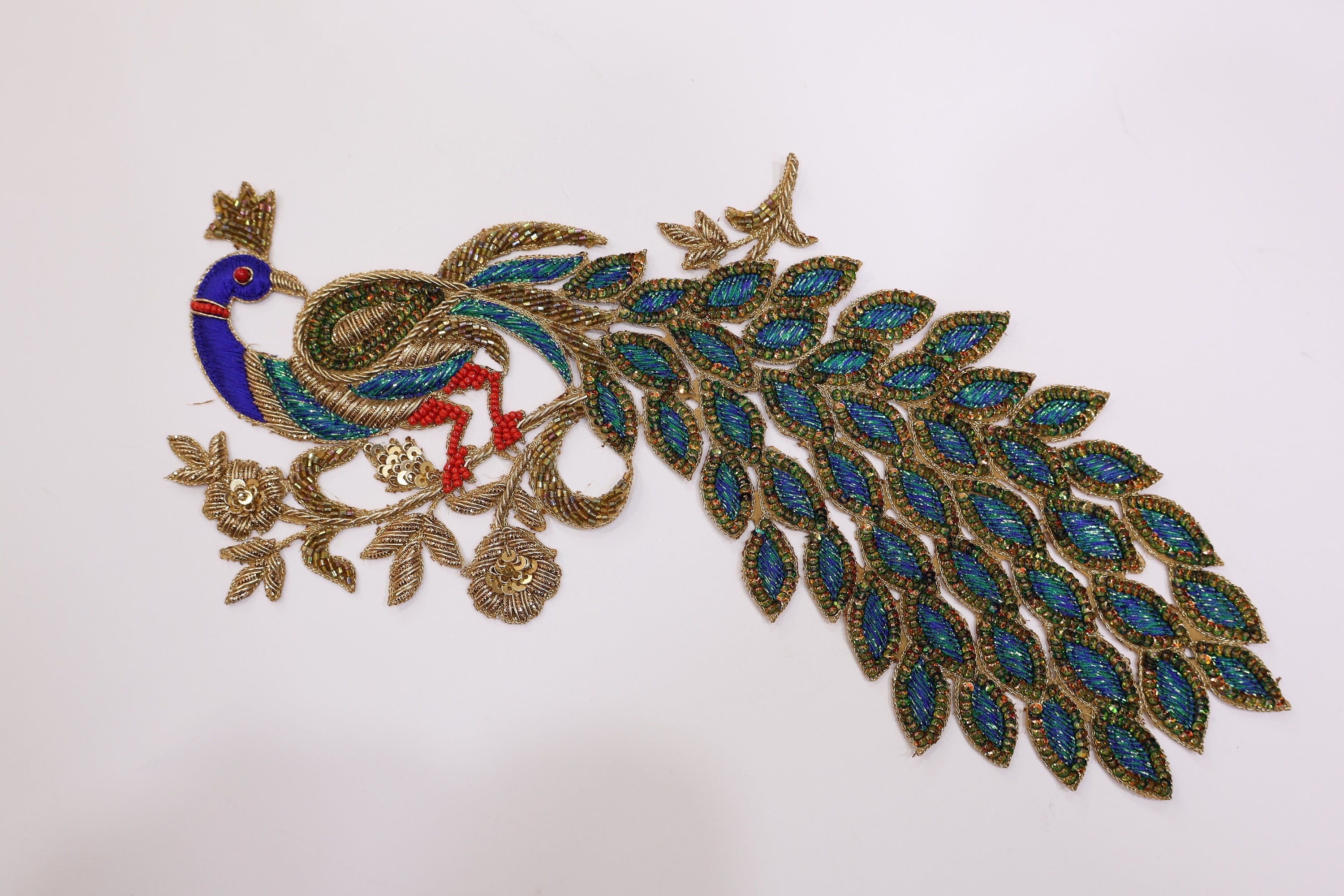 Peacock Zardozi Sequin Applique Patch: Indian Embroidered DIY Garment Accessory