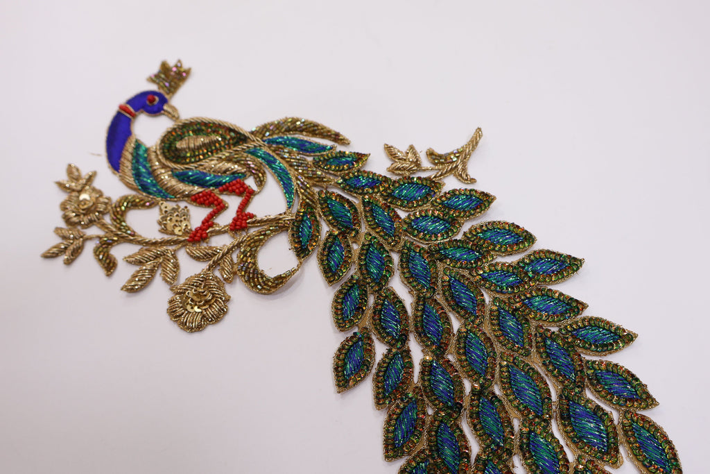 Peacock Zardozi Sequin Applique Patch: Indian Embroidered DIY Garment Accessory