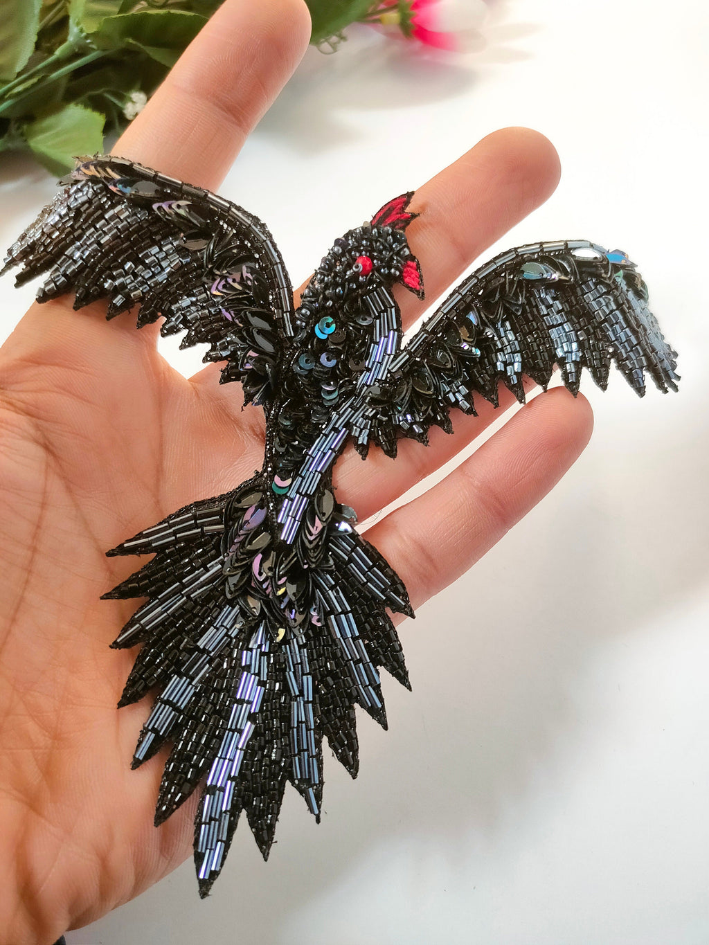 Sequin Flying Bird Patch: Steampunk Embroidered Applique (18x15 cm)