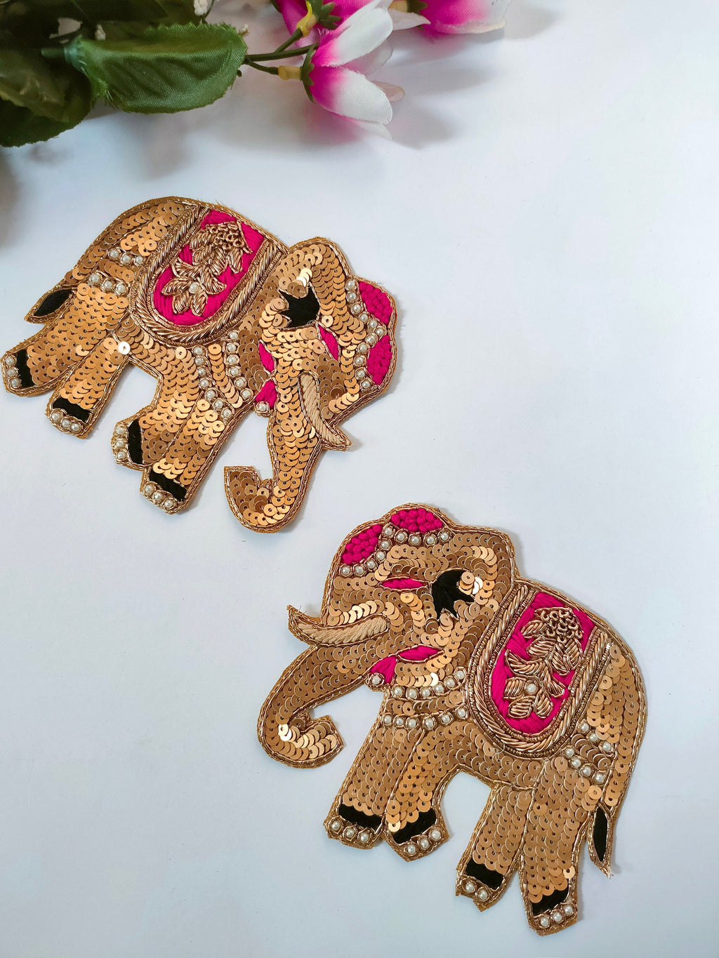 Sequin Indian Elephant Applique Pair: Sew-On Patches (11x9 cm)