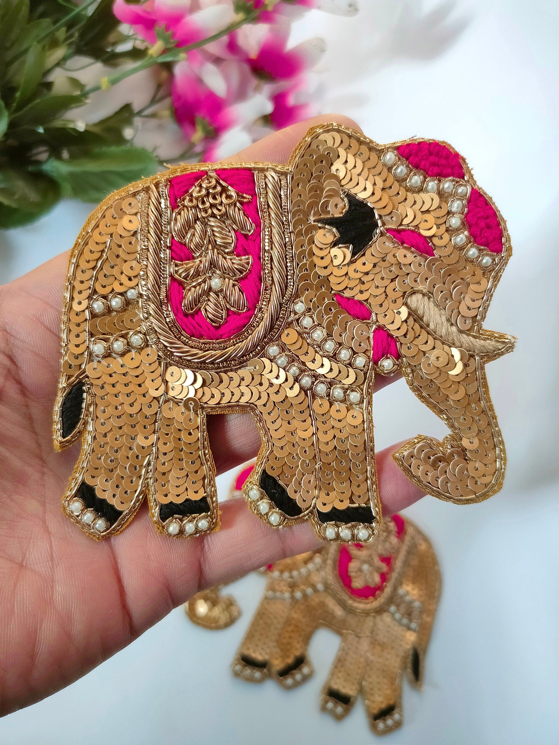 Sequin Indian Elephant Applique Pair: Sew-On Patches (11x9 cm)