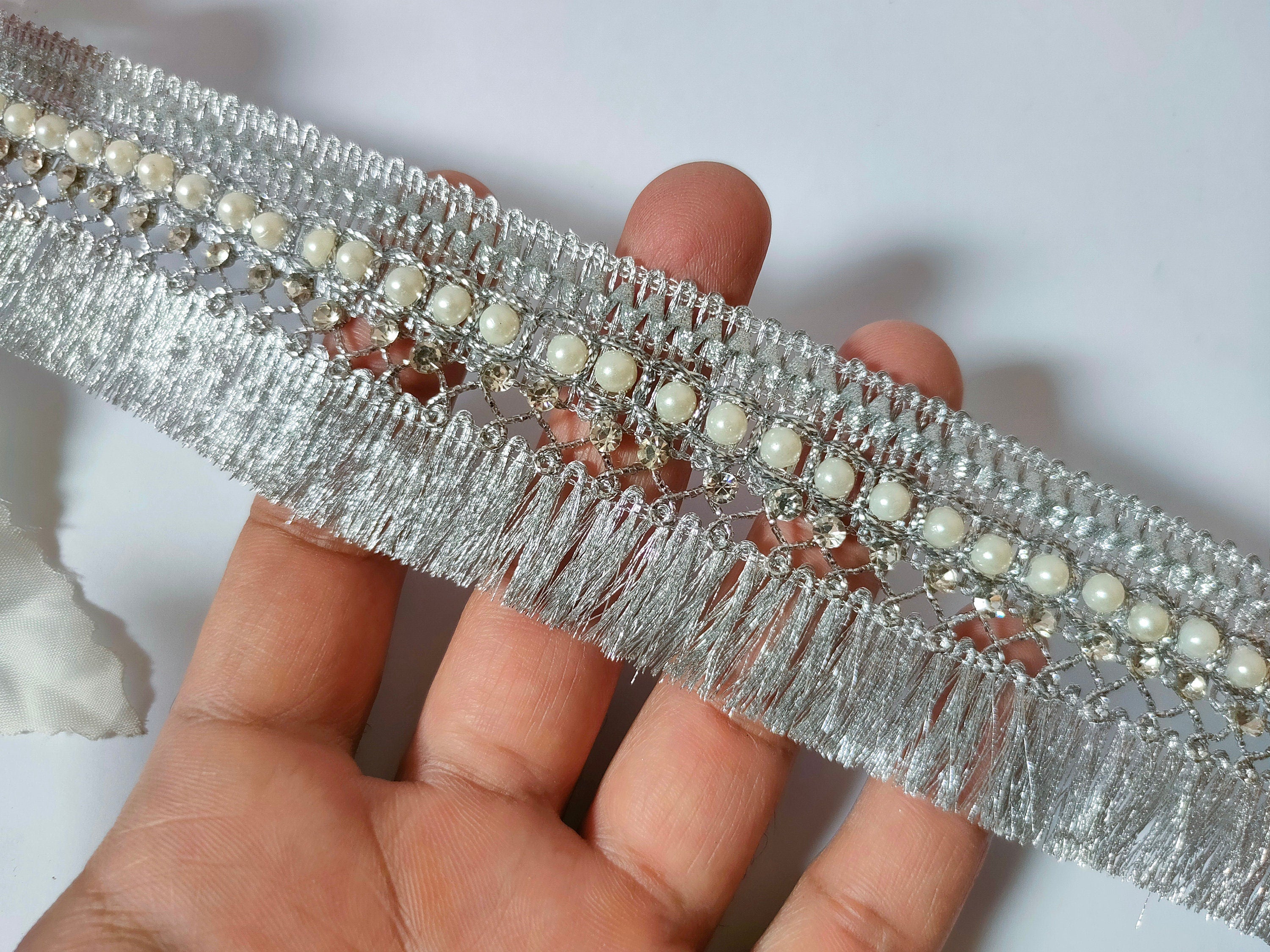 Silver Pearl Fringe Lace Trim: Indian Wedding Dupatta, Garara Edge (4cm Wide)