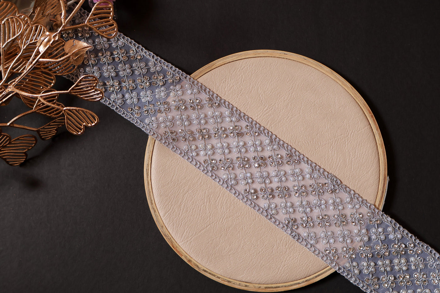 Silver Embroidered Trim Lace: Zircon, Pearl, Zari Sari Border - 5cm Wide