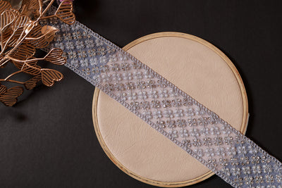 Silver Embroidered Trim Lace: Zircon, Pearl, Zari Sari Border - 5cm Wide