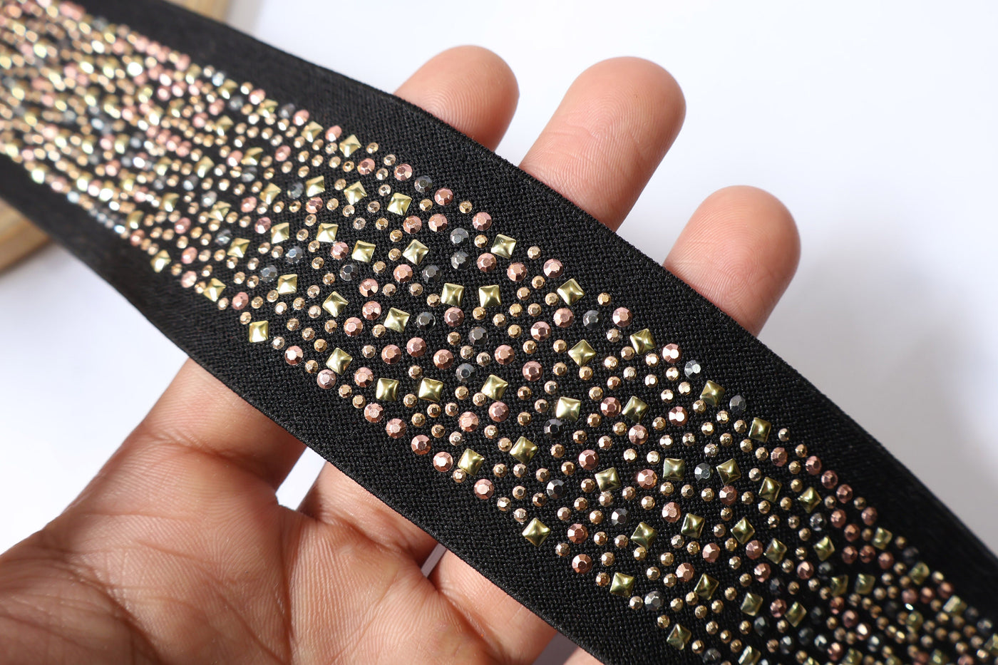 Stretchable Metallic Studs Embellished Lace 5 cm Wide - 1 Yard
