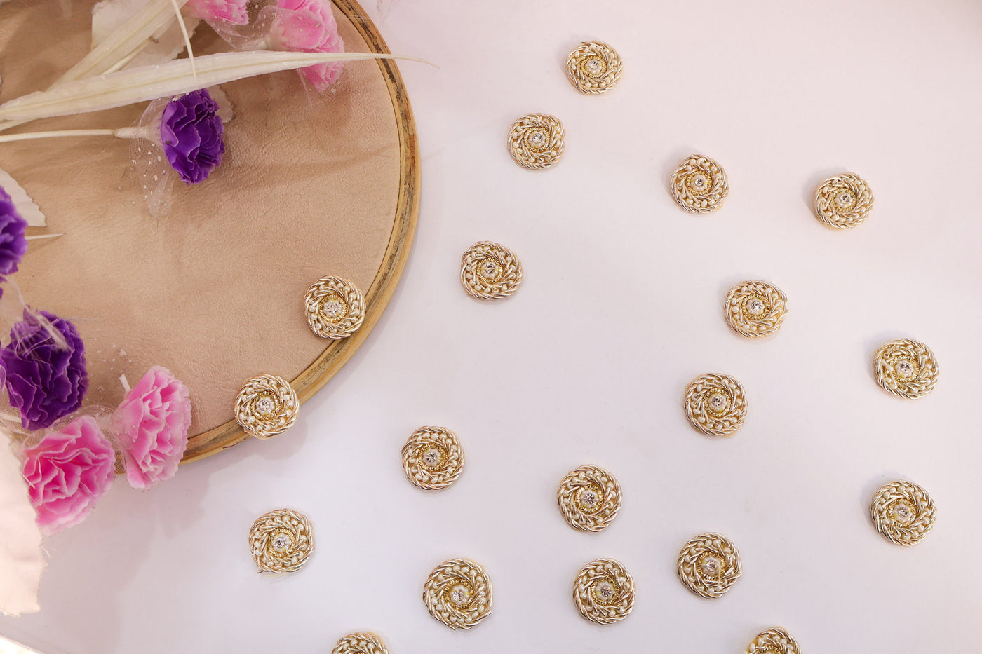 25 Pc - Round Gold Zardozi Pearl & Zircon Applique Patches - 2 cm