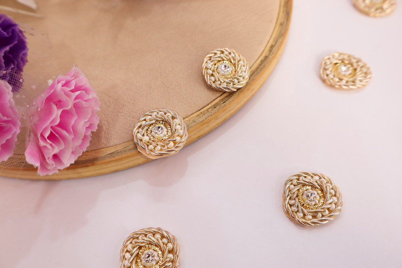 25 Pc - Round Gold Zardozi Pearl & Zircon Applique Patches - 2 cm