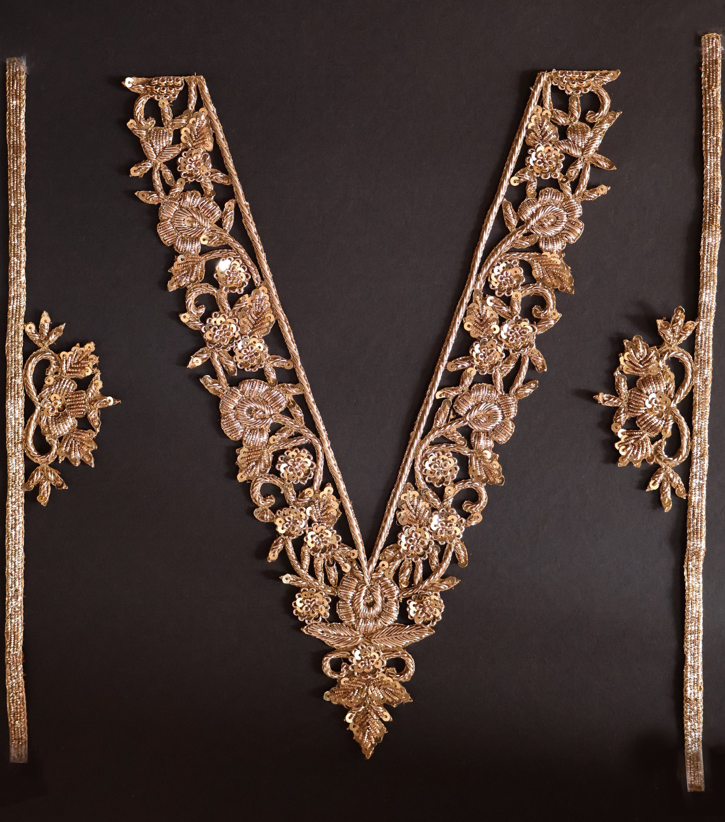 Gold Embroidered Neckline Applique Patch with Sleeves: Indian Brass Artwork