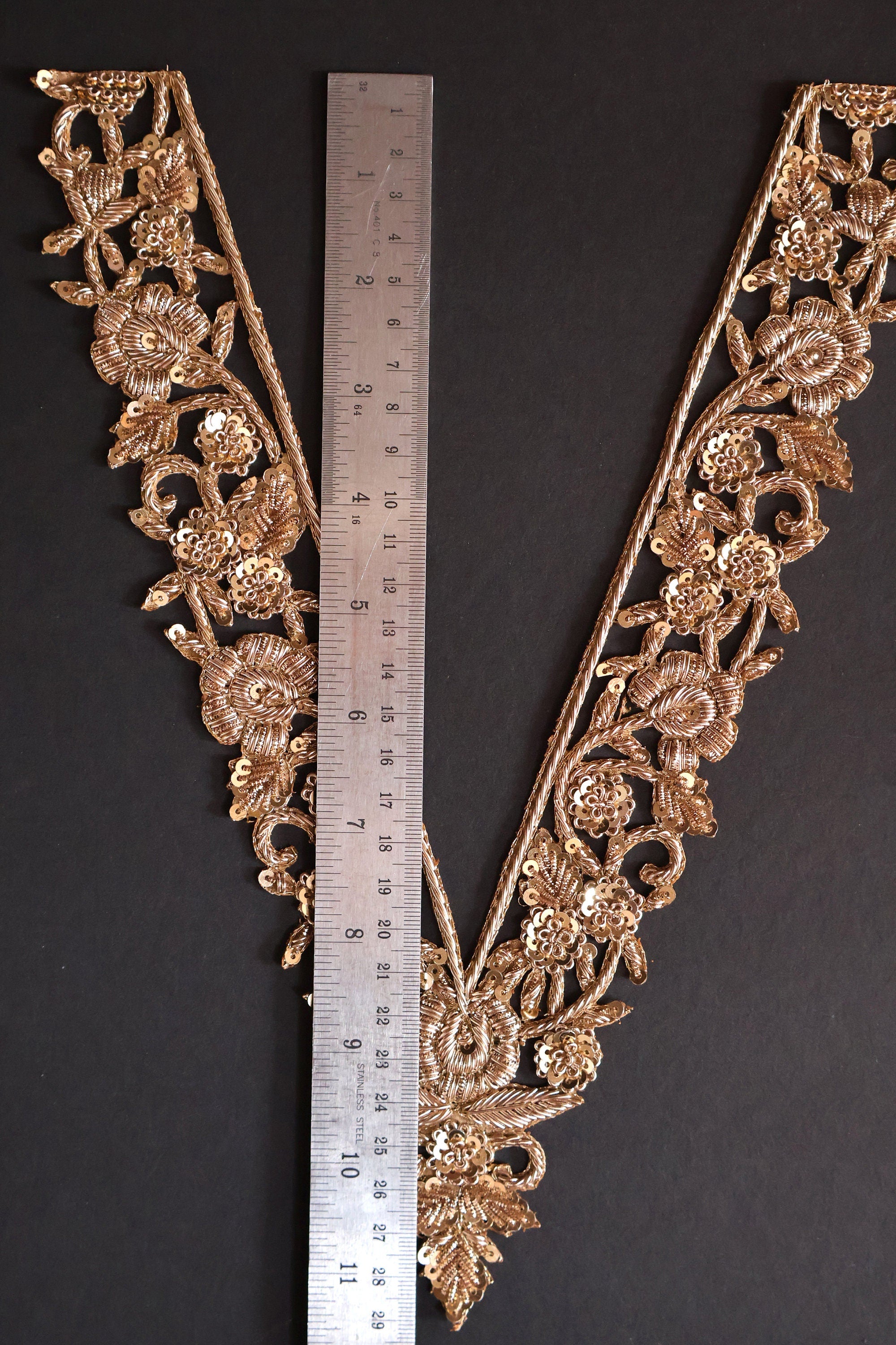 Gold Embroidered Neckline Applique Patch with Sleeves: Indian Brass Artwork