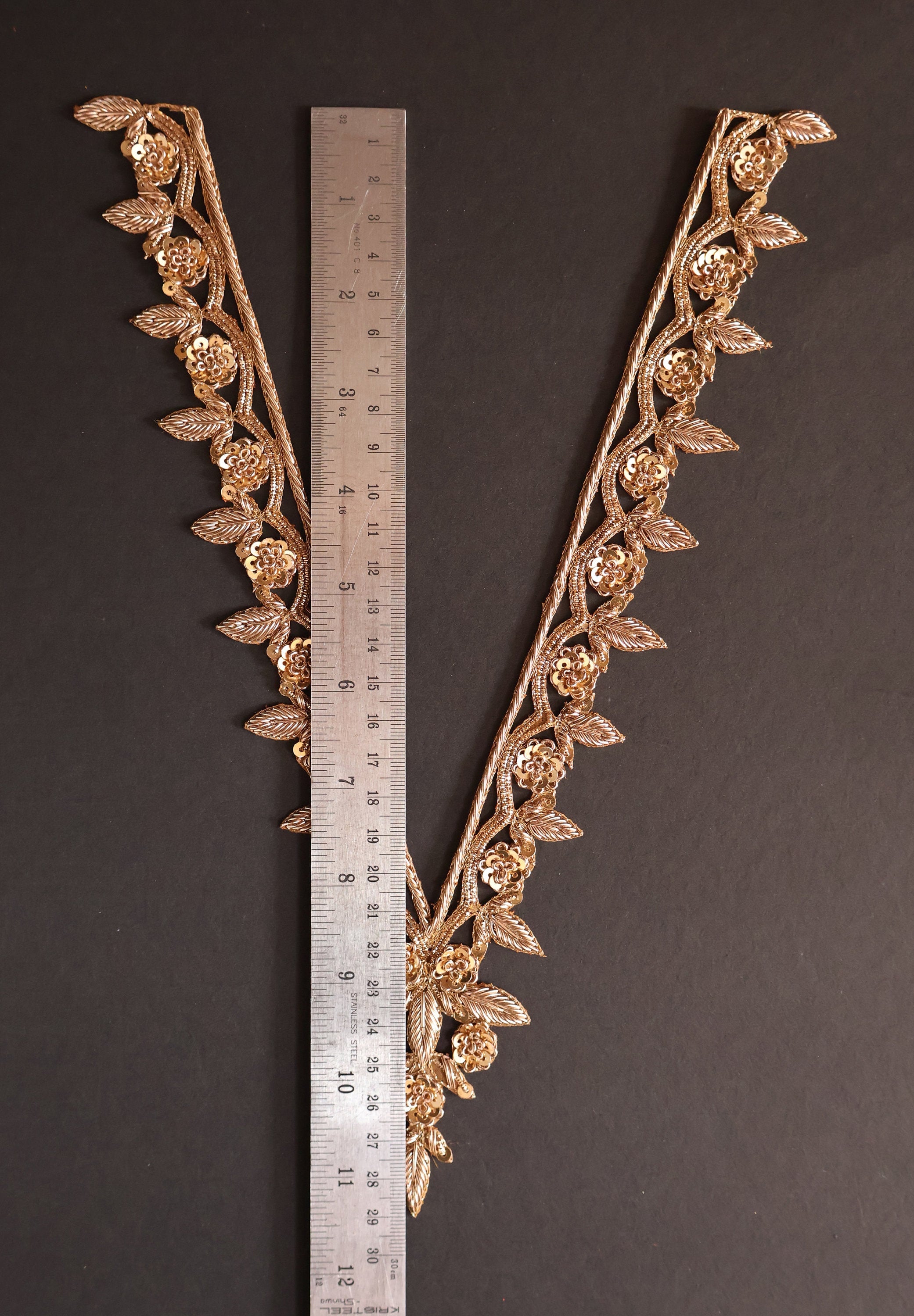 Gold Embroidered V Neck Applique: Indian Brass Floral Patch with Sleeves