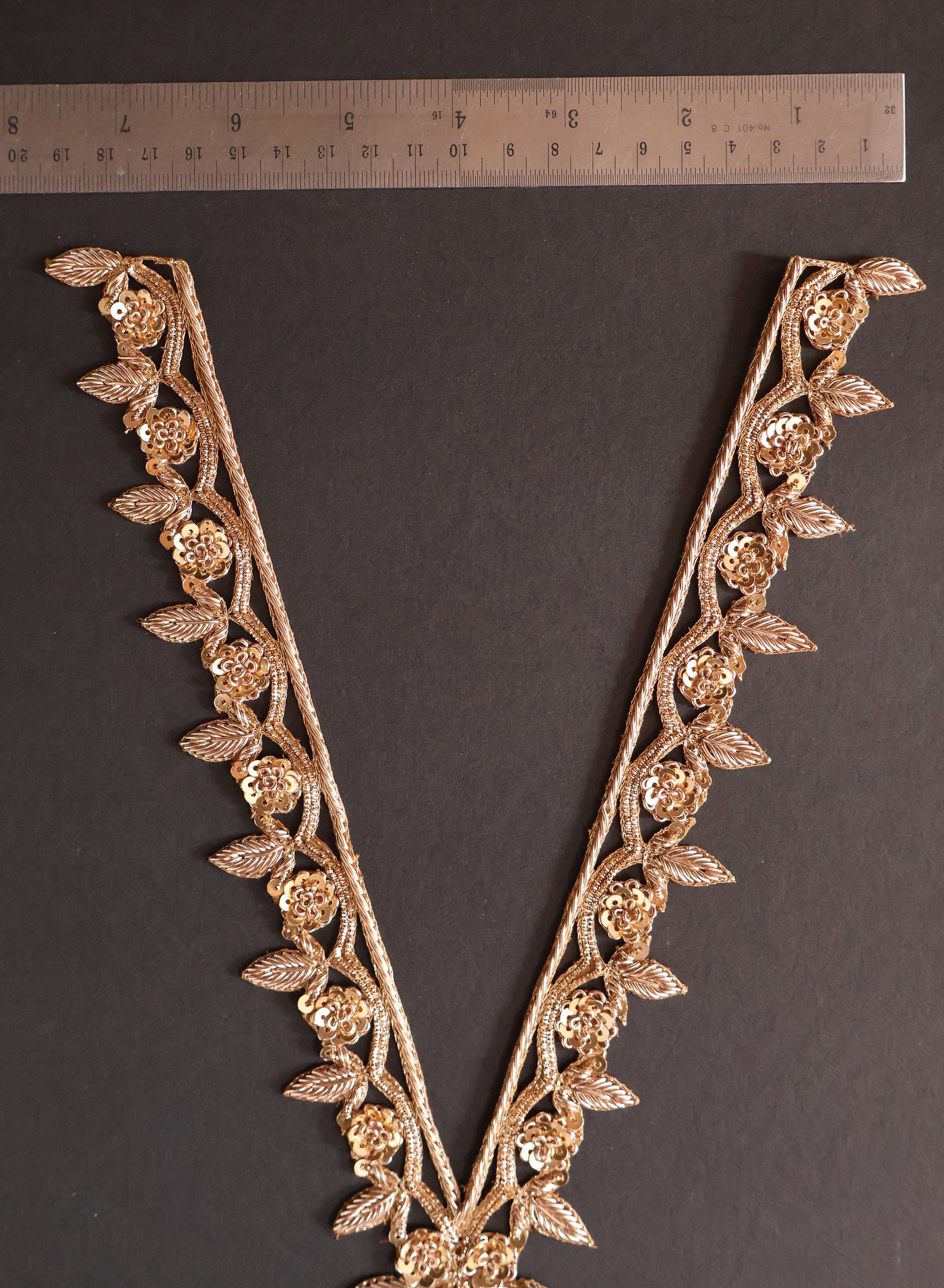 Gold Embroidered V Neck Applique: Indian Brass Floral Patch with Sleeves