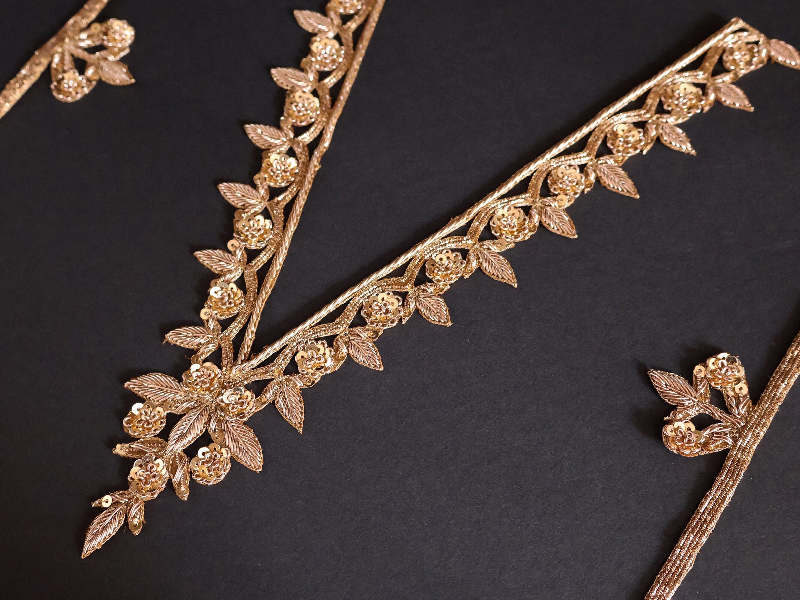 Gold Embroidered V Neck Applique: Indian Brass Floral Patch with Sleeves