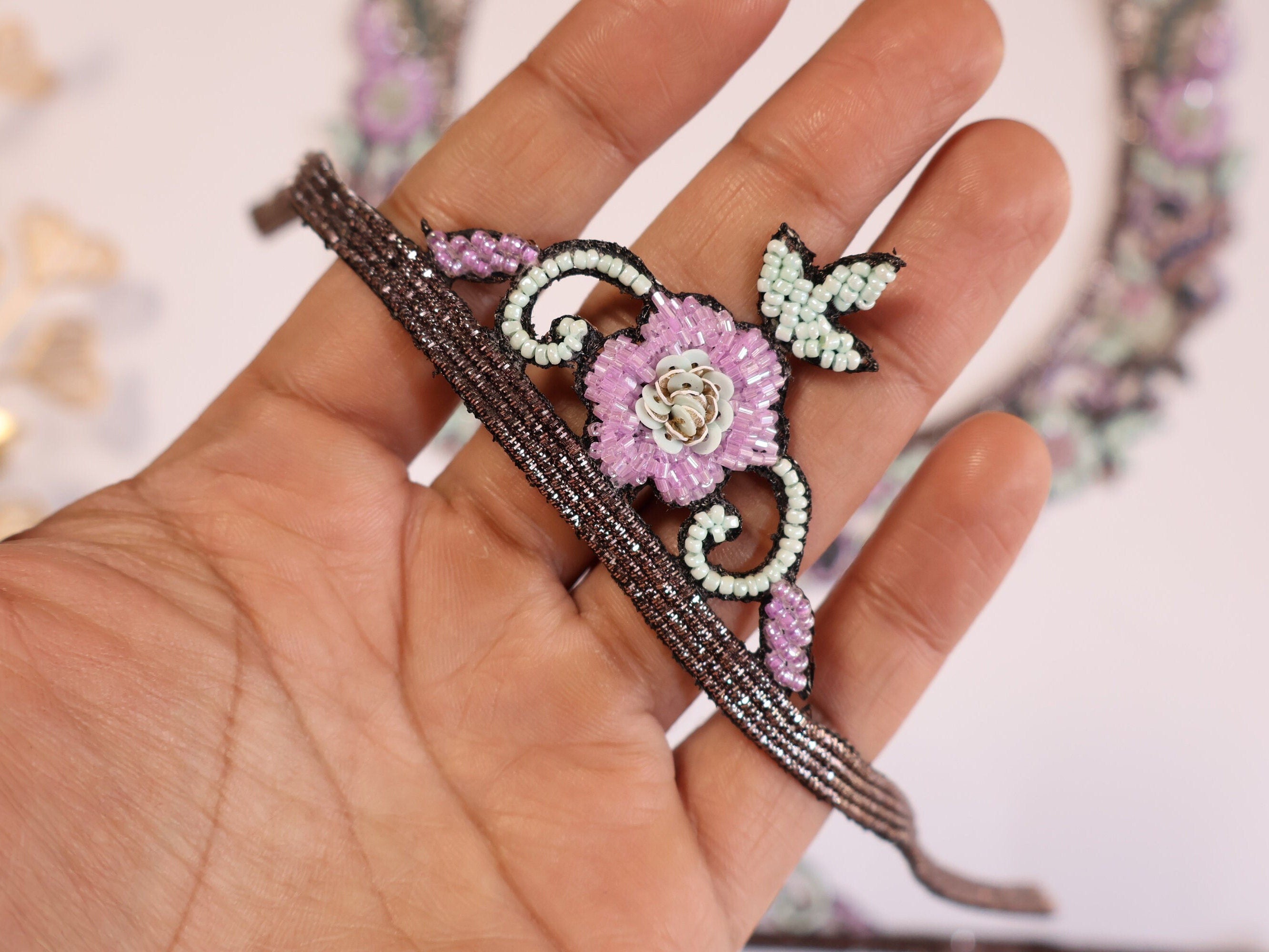 Floral Beaded Neckline Applique: Handcrafted Indian Embroidery with Sleeves