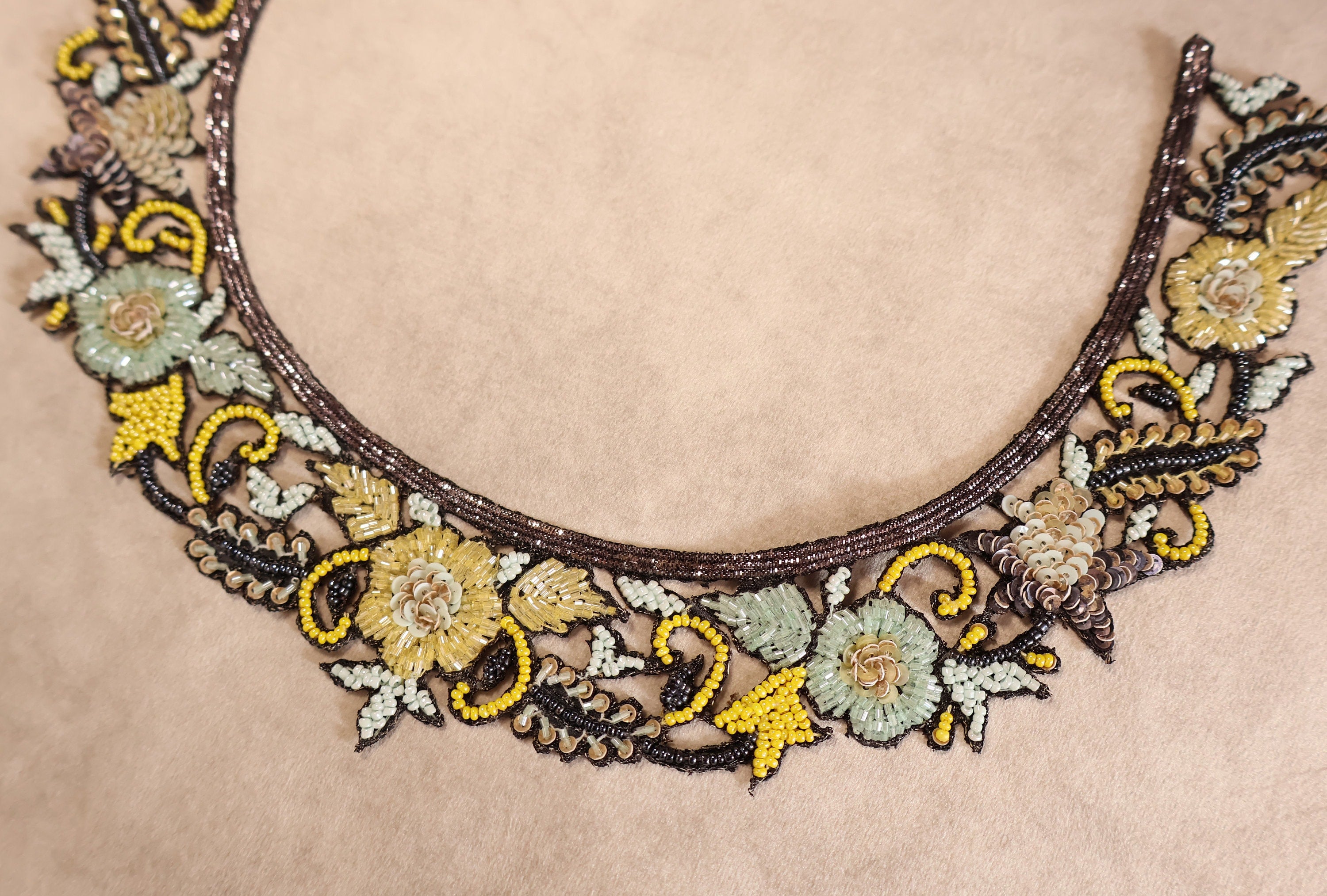 Embroidered Neckline Patch: Yellow & Aqua Glass Beads, Indian Artwork