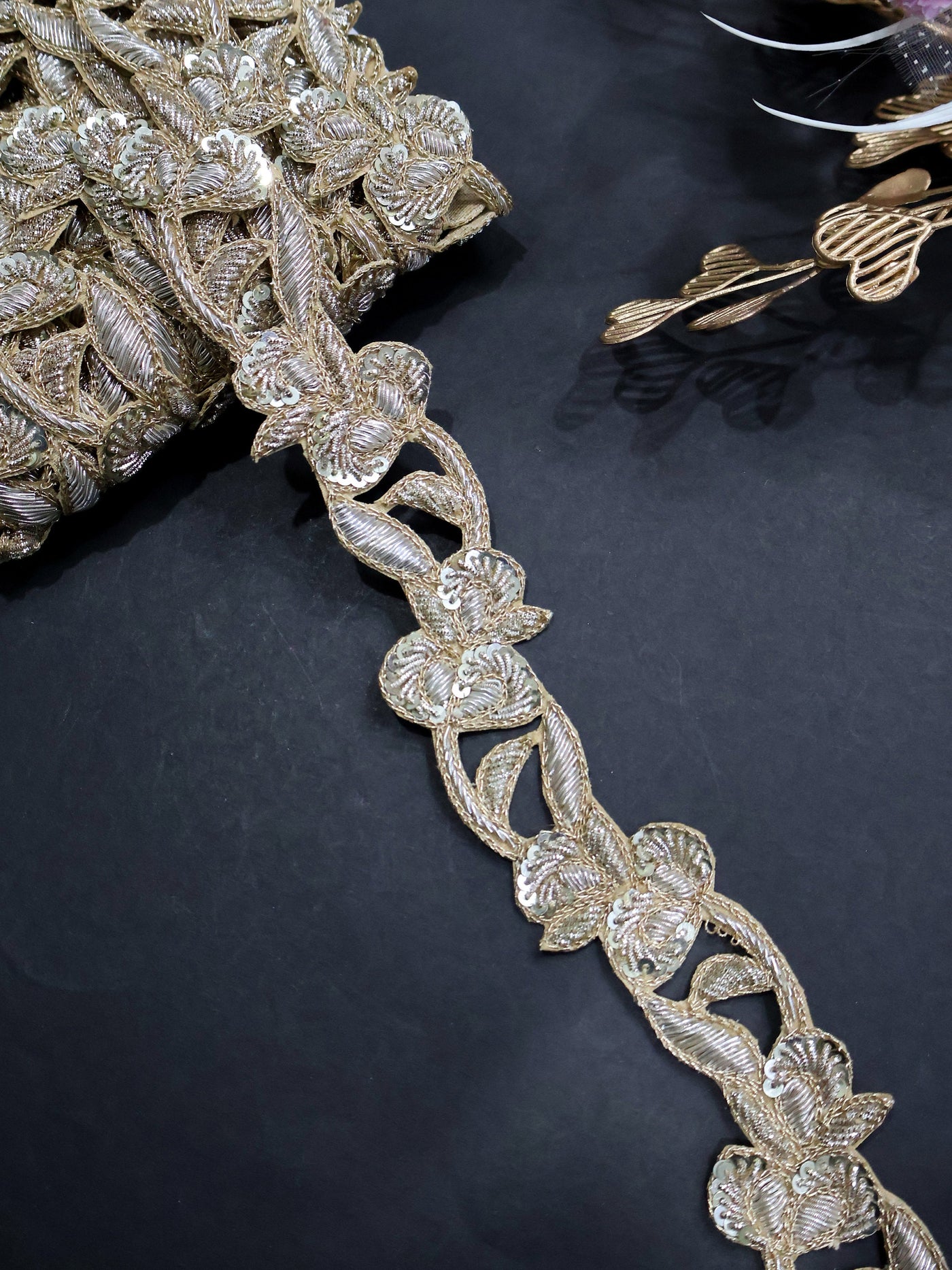 Golden Zardozi Hand Embroidered Trim Lace 3.5 Cm Wide - 1 Yard