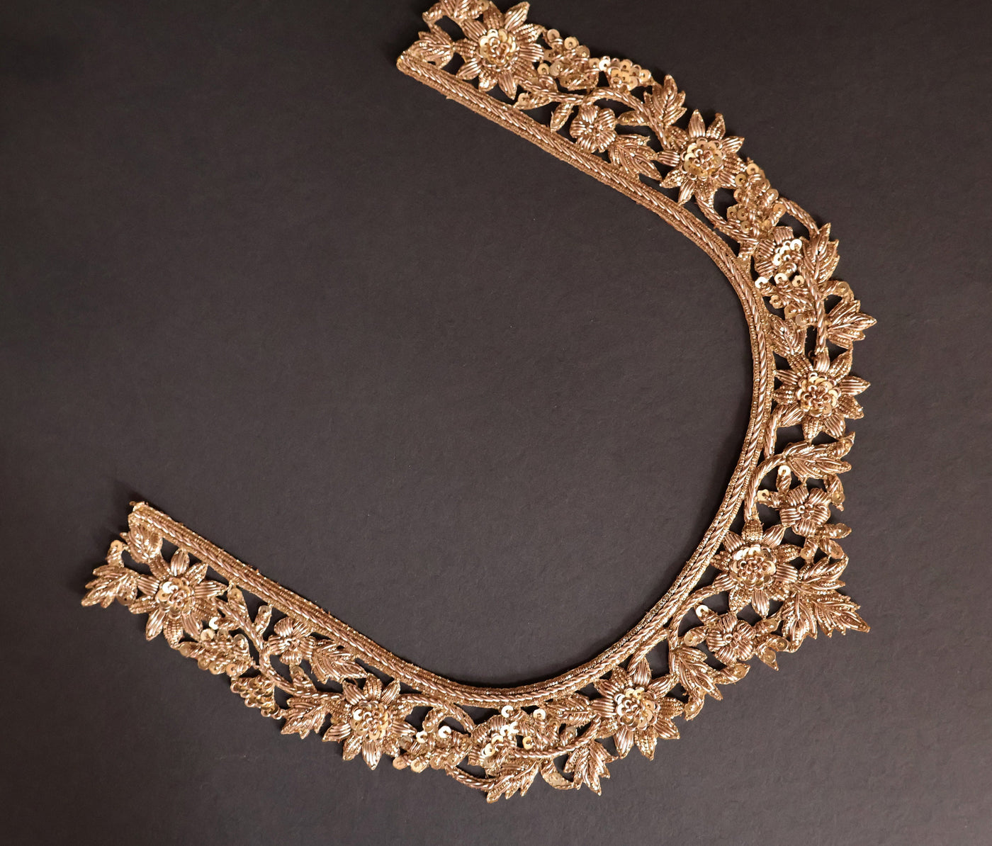 Antique Gold Embroidered Neckline Patch: Indian Brass Applique with Sleeves