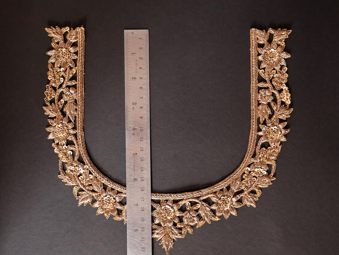 Antique Gold Embroidered Neckline Patch: Indian Brass Applique with Sleeves