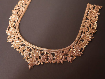 Antique Gold Embroidered Neckline Patch: Indian Brass Applique with Sleeves