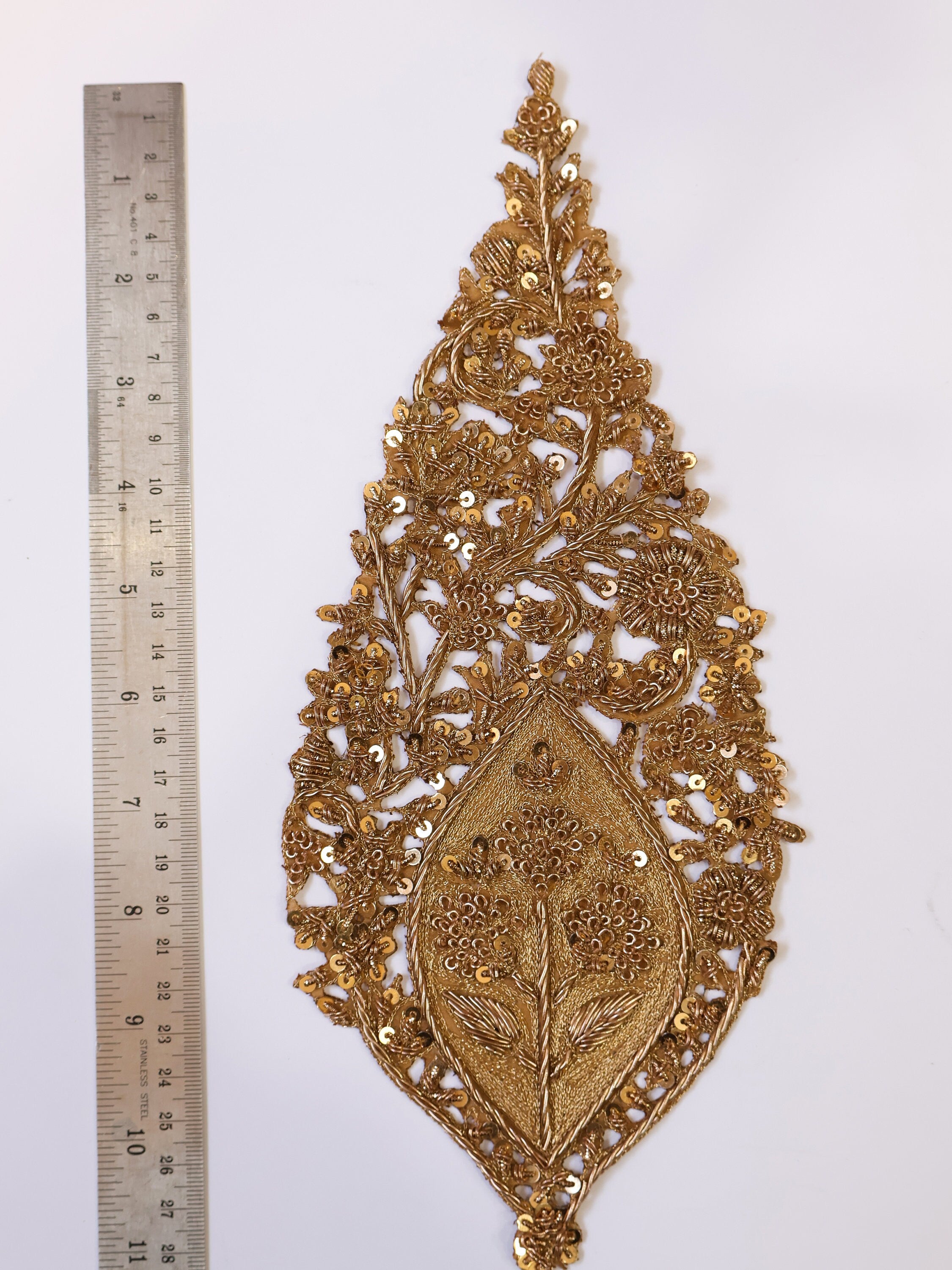 Golden Leaf Zardozi Embroidered Applique Patch, Indian Handcrafted Patchwork