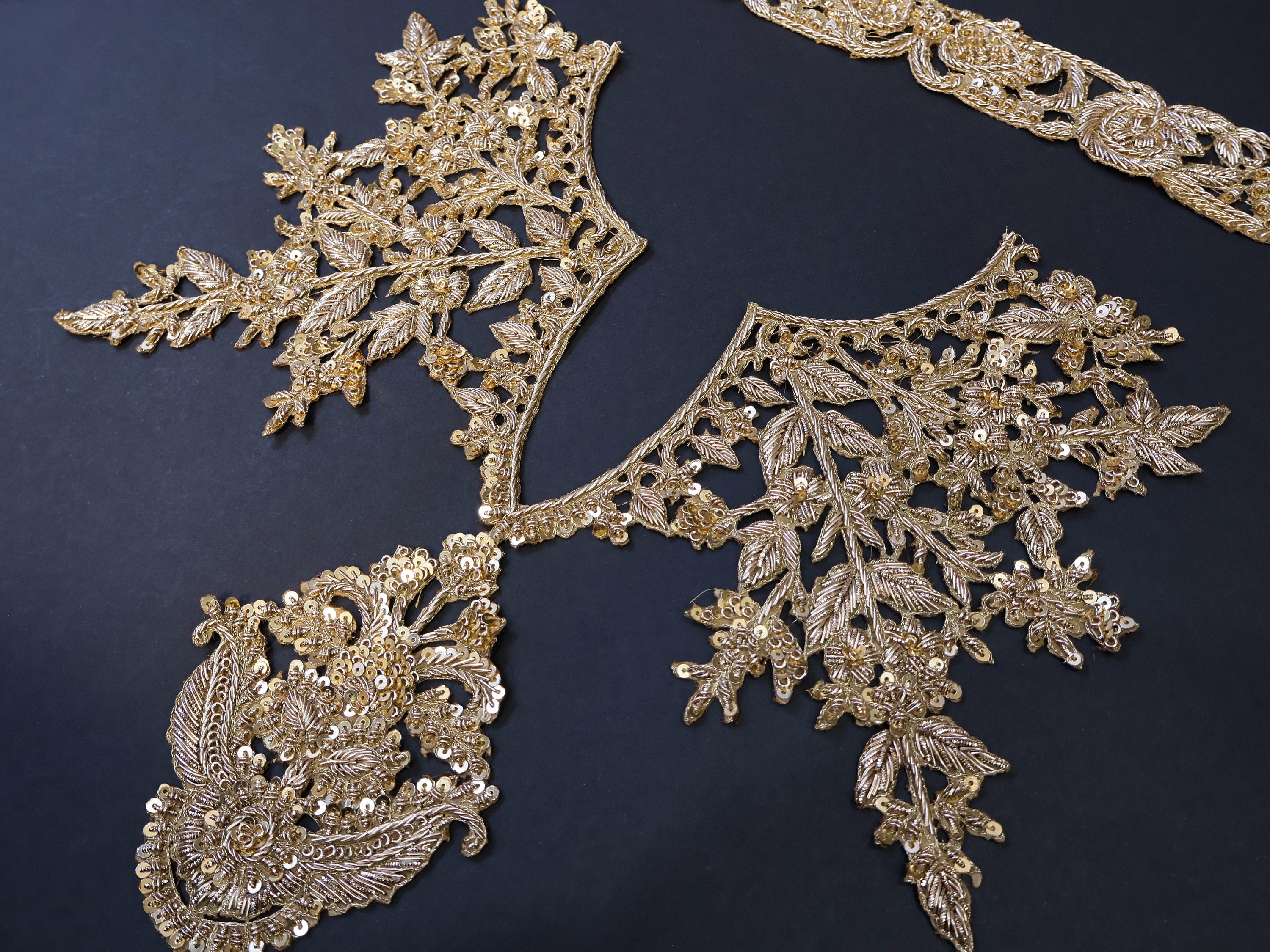Embroidered Gold Neckline Collar Patch: Indian Zardozi Applique