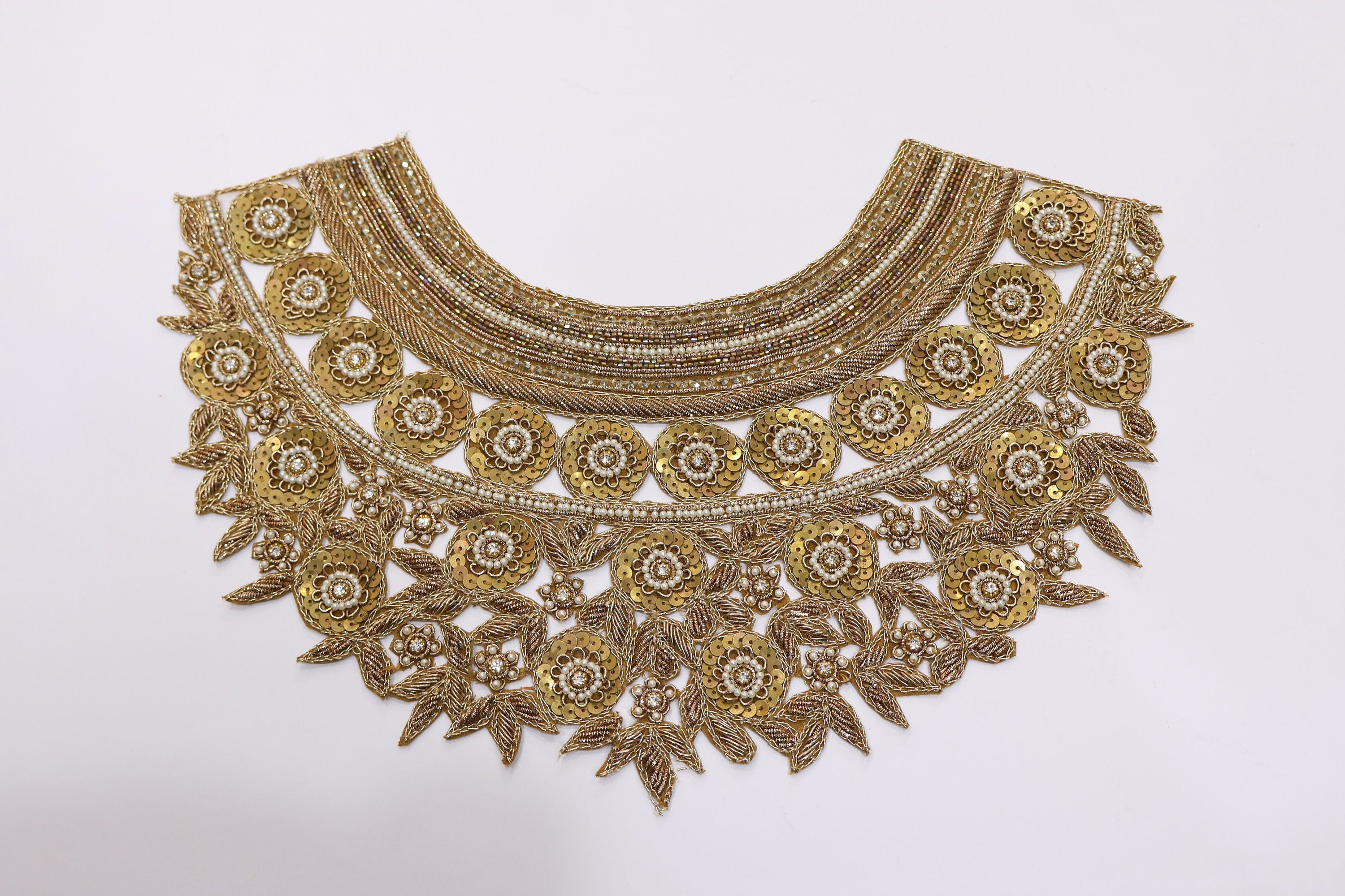 Golden Hand Embroidered Boatneck Sew on Victorian Neckline Patch with Collar - 1 Set