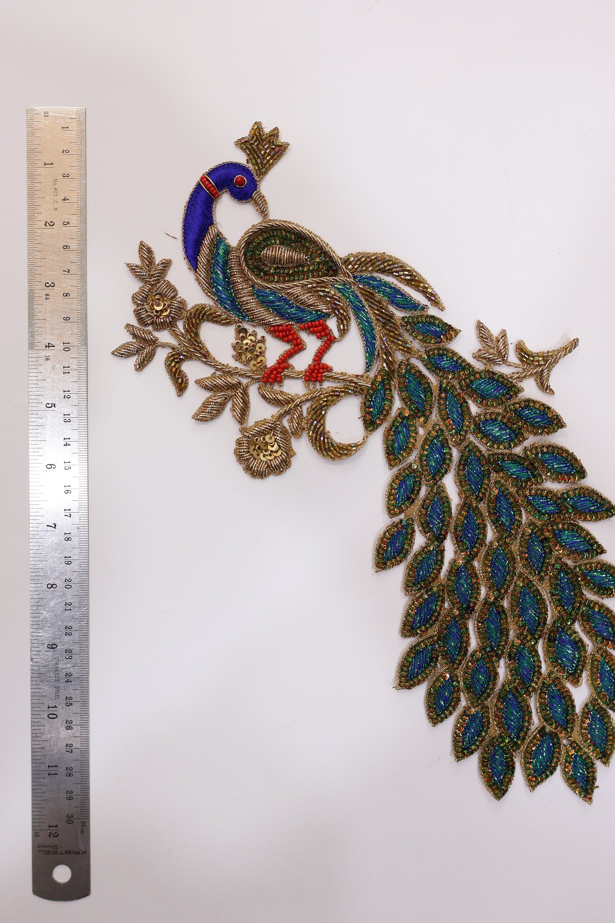 Peacock Zardozi Sequin Applique Patch: Indian Embroidered DIY Garment Accessory