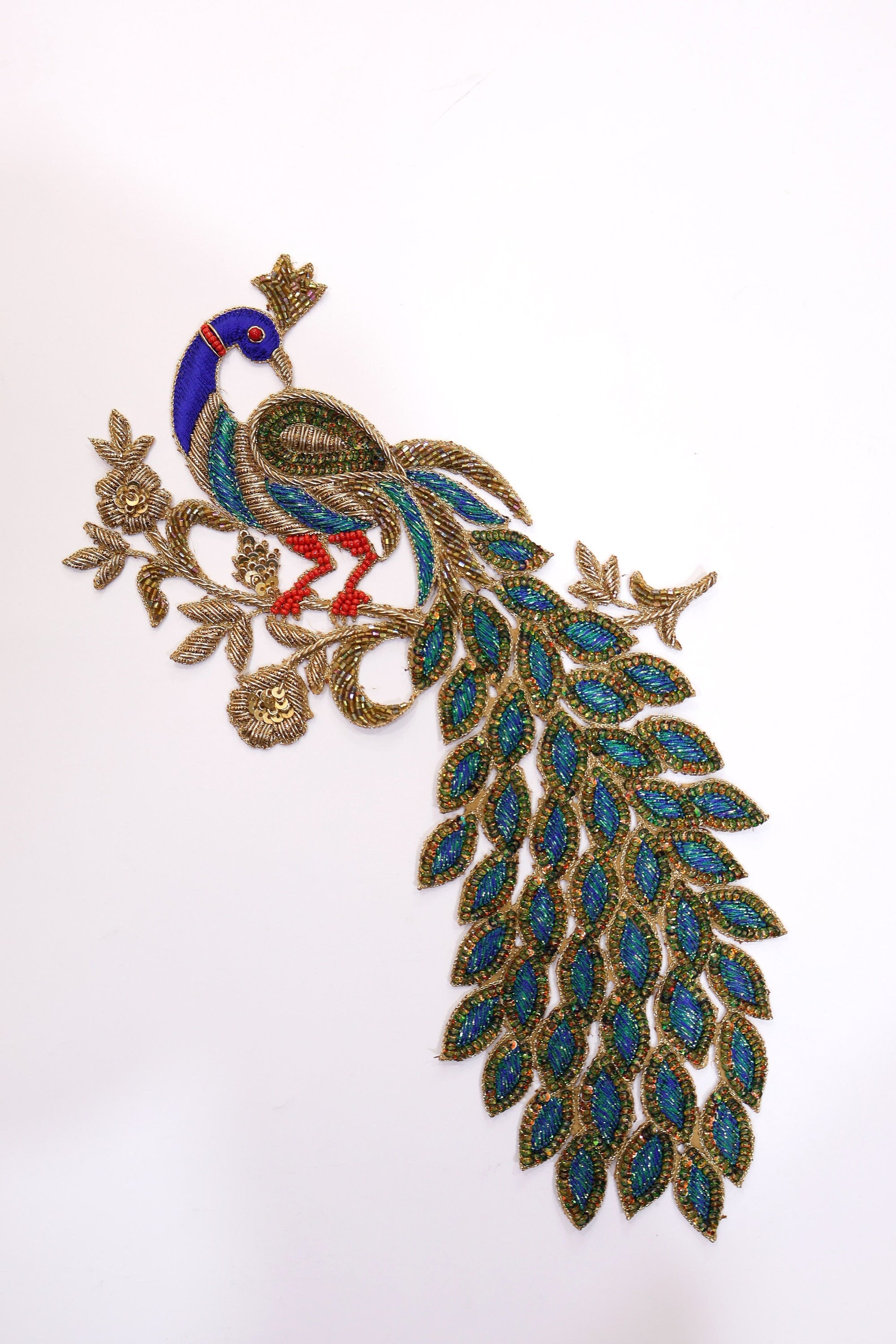 Peacock Zardozi Sequin Applique Patch: Indian Embroidered DIY Garment Accessory