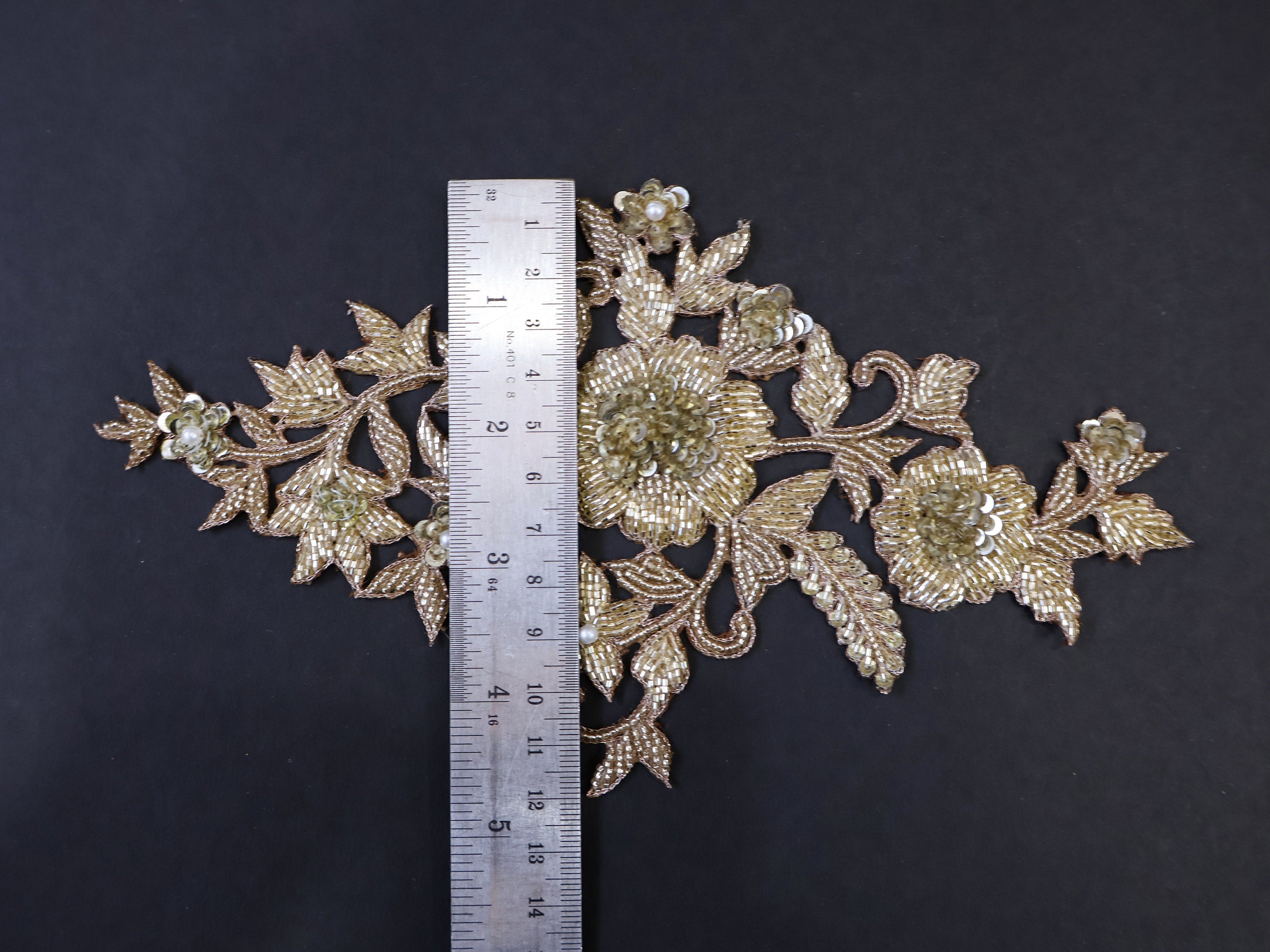 Embroidered Floral Applique: Silver & Gold Glass Bead Patch
