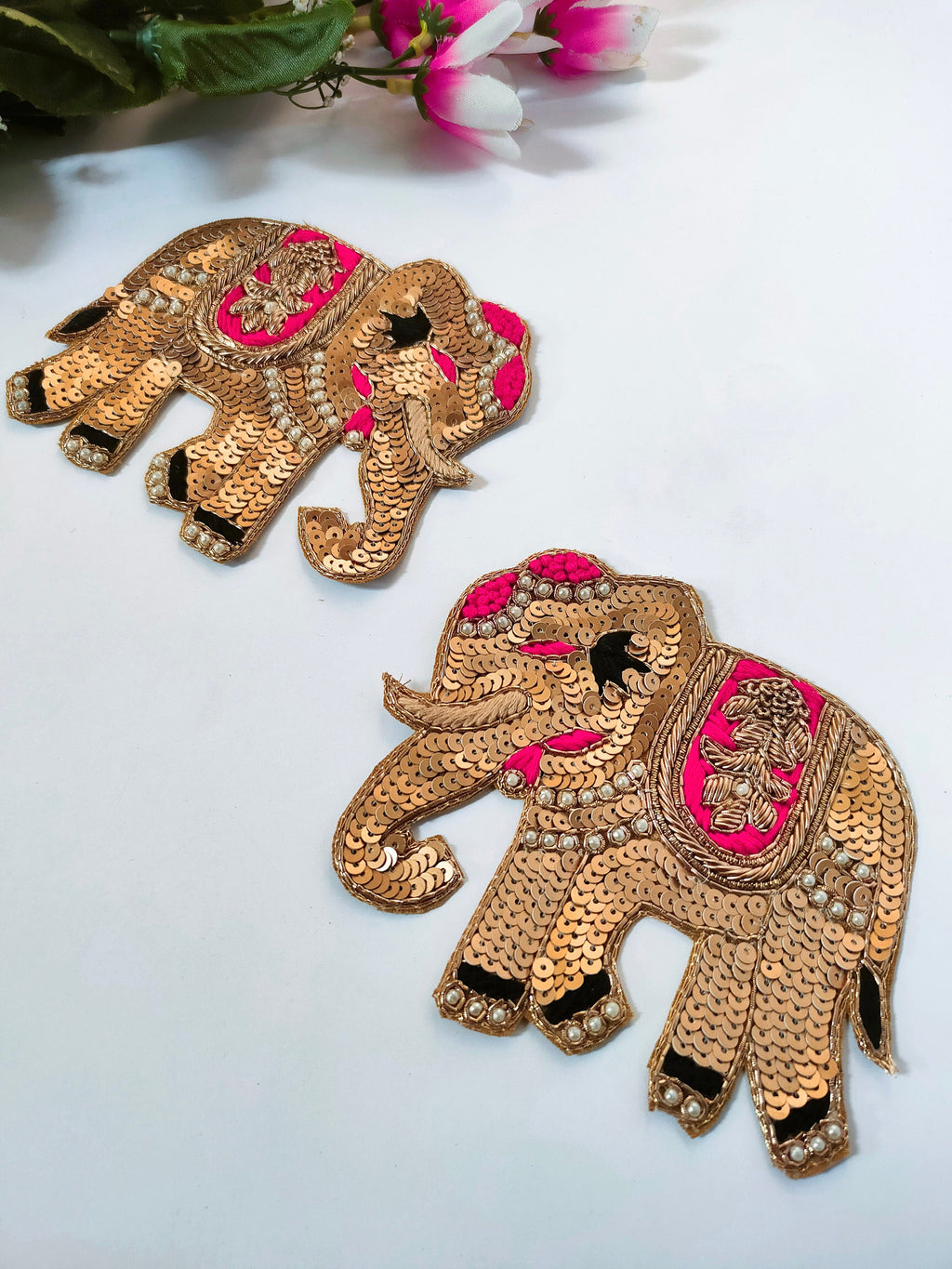 Sequin Indian Elephant Applique Pair: Sew-On Patches (11x9 cm)