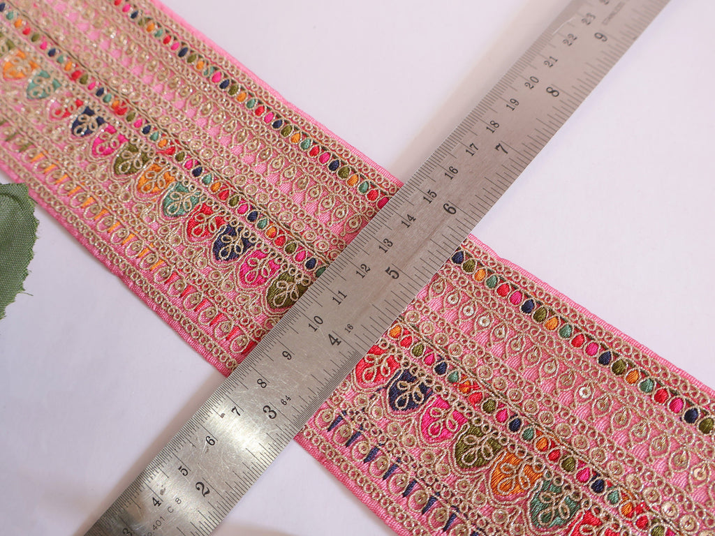 Pink Zari Sequin Embroidered Sari Border Trim: Indian Costume Lace (110cm)