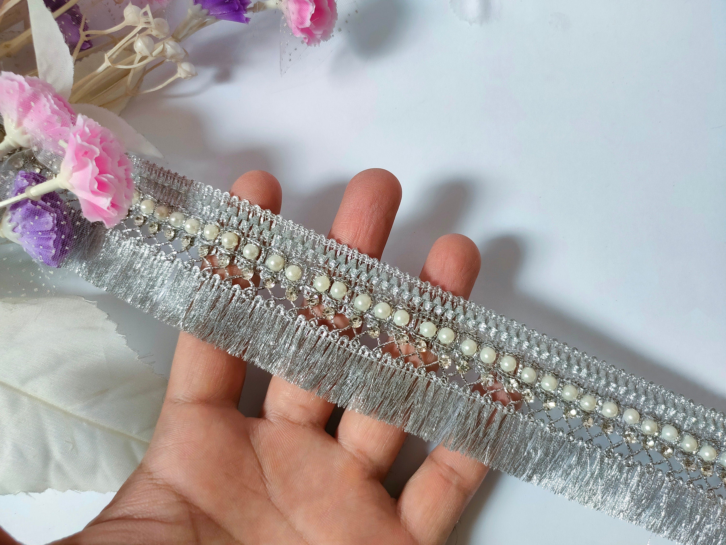 Silver Pearl Fringe Lace Trim: Indian Wedding Dupatta, Garara Edge (4cm Wide)
