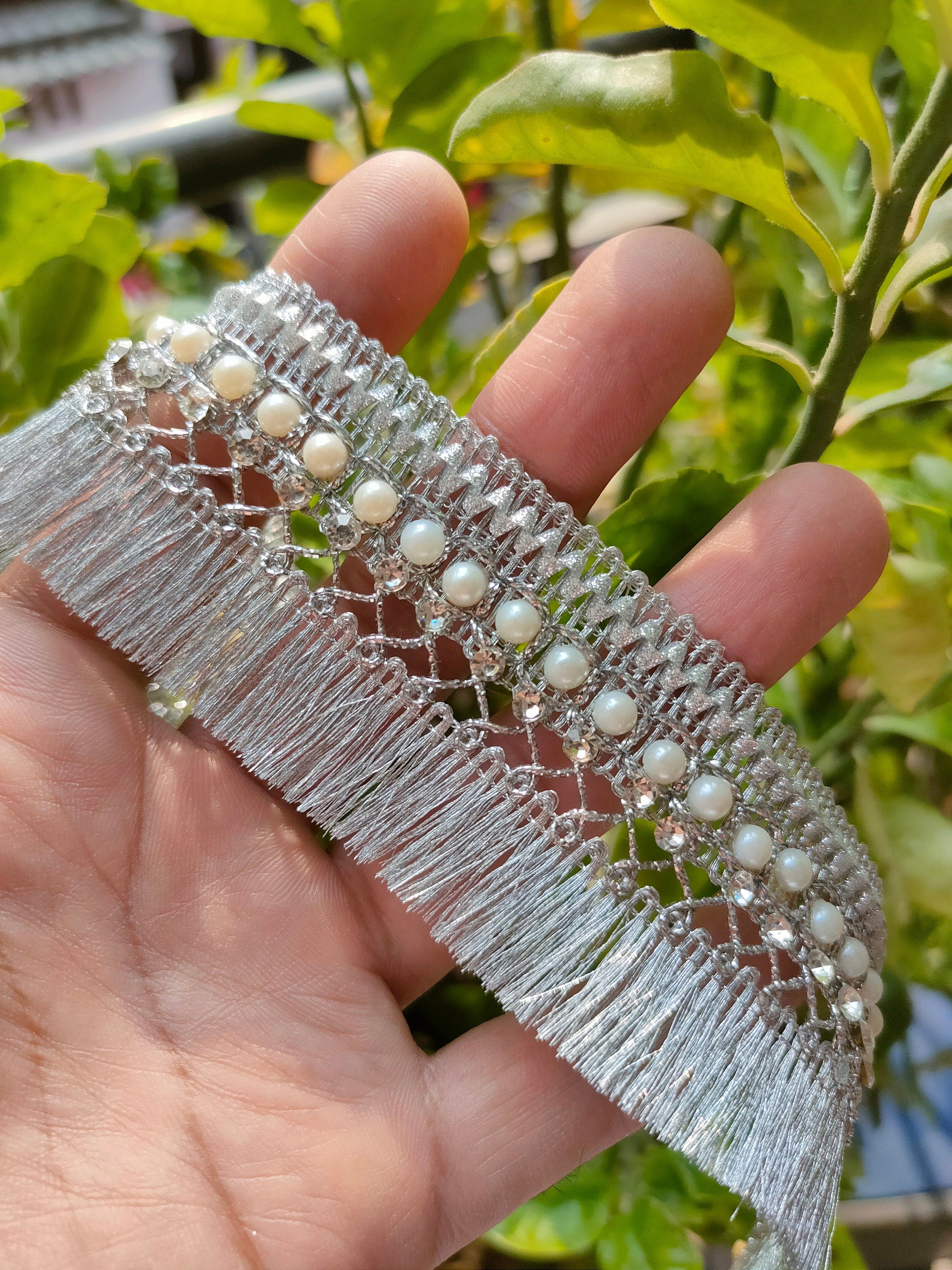 Silver Pearl Fringe Lace Trim: Indian Wedding Dupatta, Garara Edge (4cm Wide)