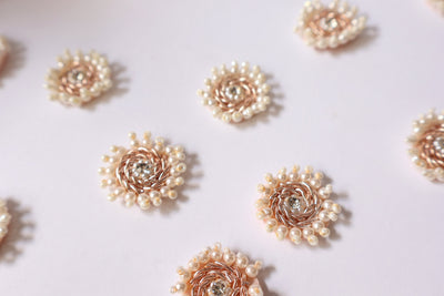 25 Pearl Zircon Gold Zardozi Applique Patches: Indian Sari Embellishments (2.4 cm)