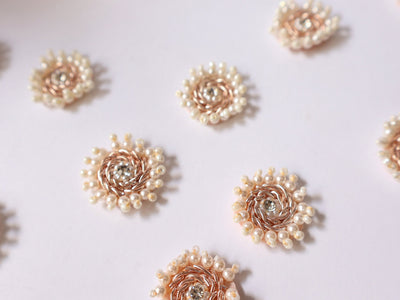 25 Pc- Pearl & Zircon Round Rose Gold Zardozi Applique Patches - 2.4 cm