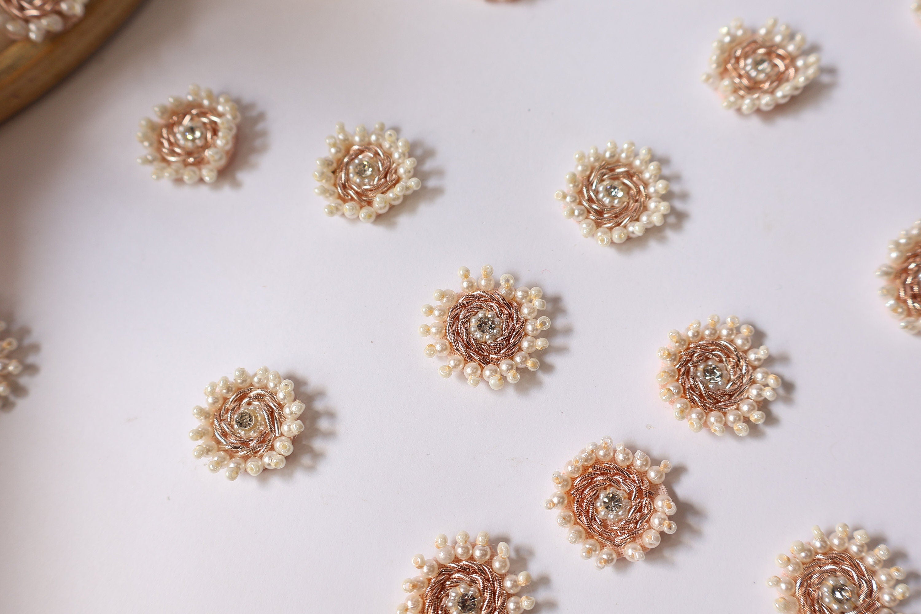 25 Pearl Zircon Gold Zardozi Applique Patches: Indian Sari Embellishments (2.4 cm)