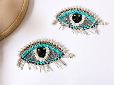 1 Pair - Beautiful Aqua Blue & Silver Glass Beads Eye Patch