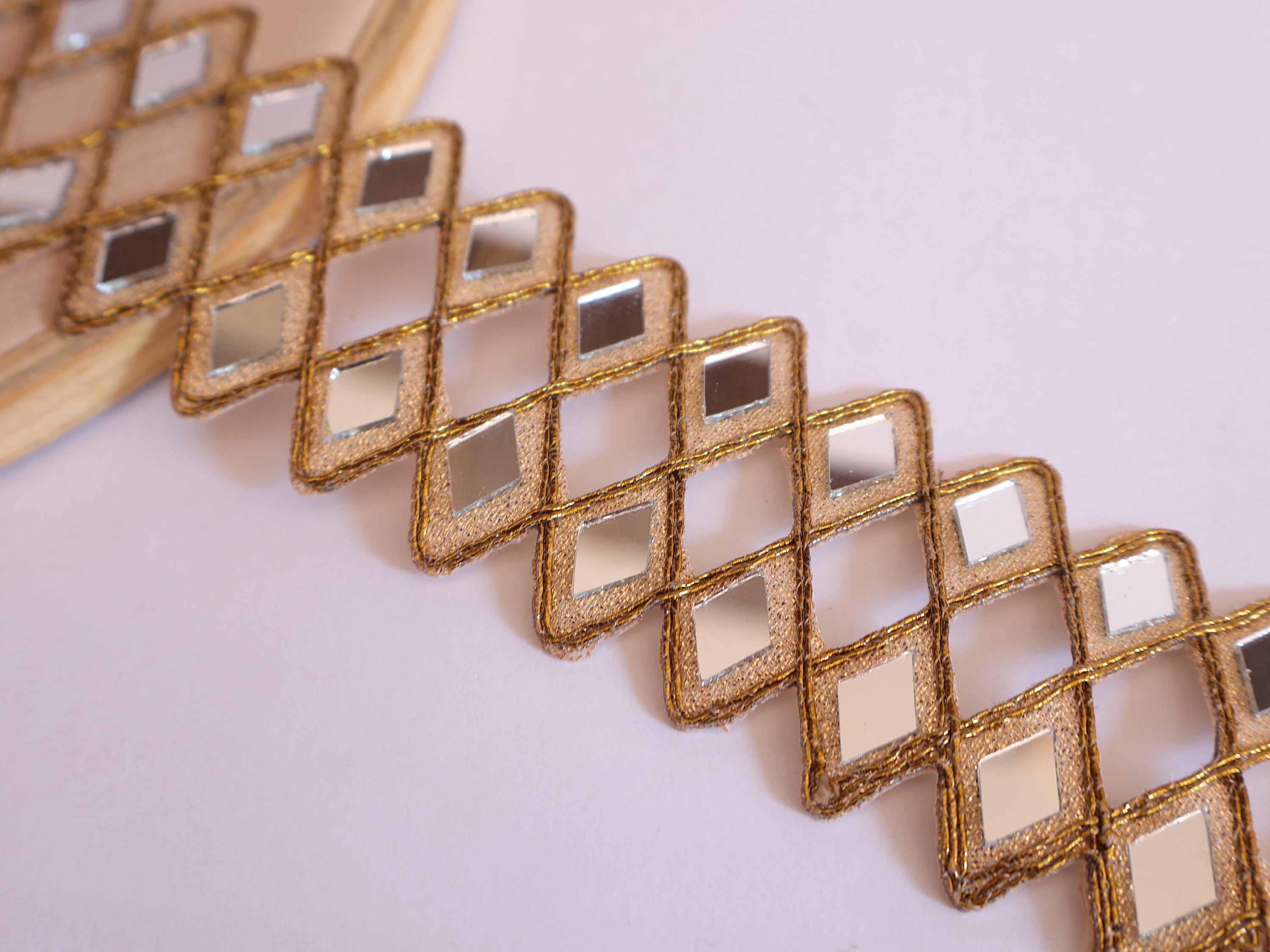 Antique Gold Mirror Cutwork Sari Trim: Indian Vine Lace Border