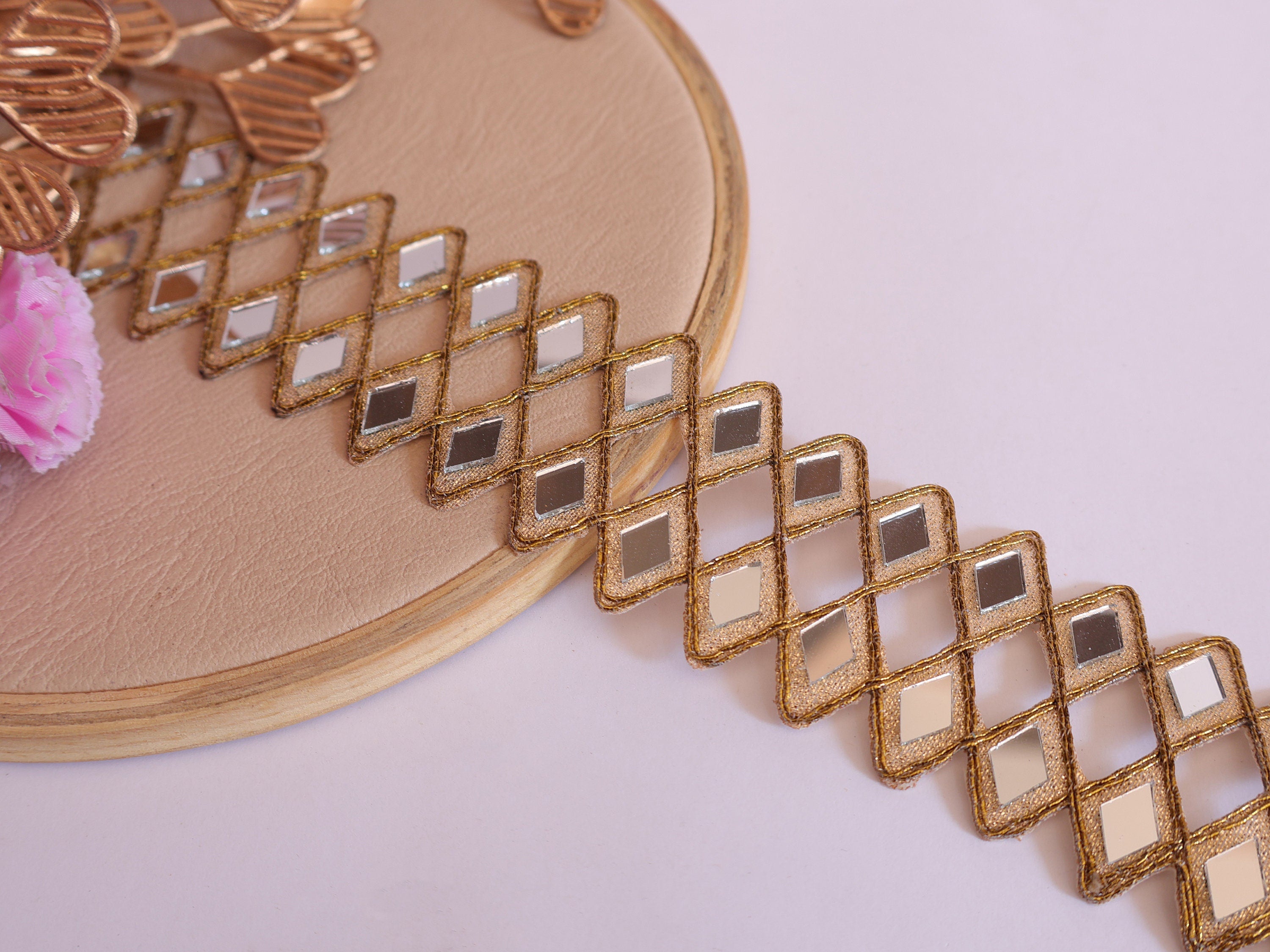 Antique Gold Mirror Cutwork Sari Trim: Indian Vine Lace Border