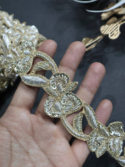 Golden Zardozi Hand Embroidered Trim Lace 3.5 Cm Wide - 1 Yard