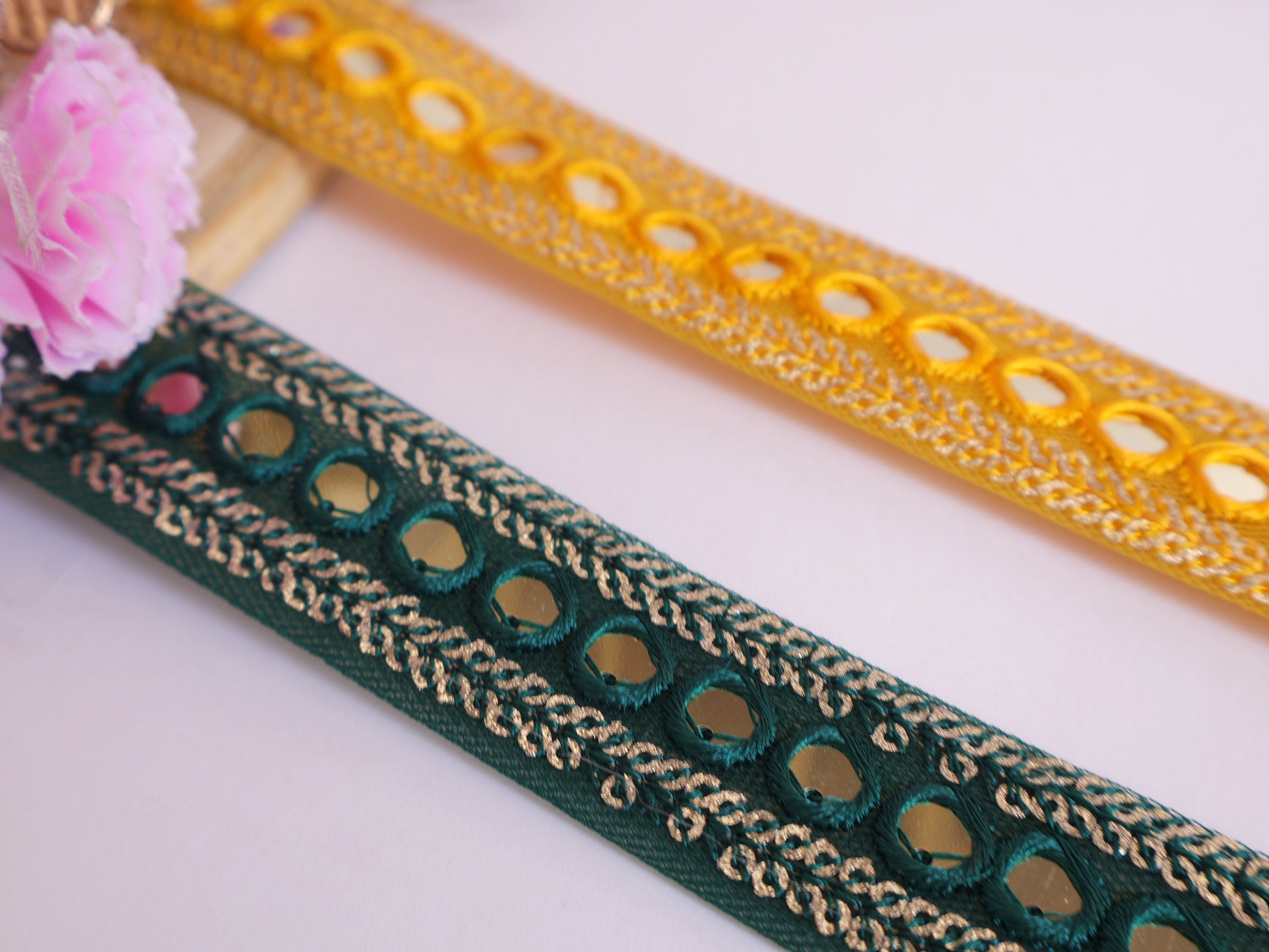 Sequin Trim Lace: Yellow & Green Embroidered Indian Ribbon, 9 Yards