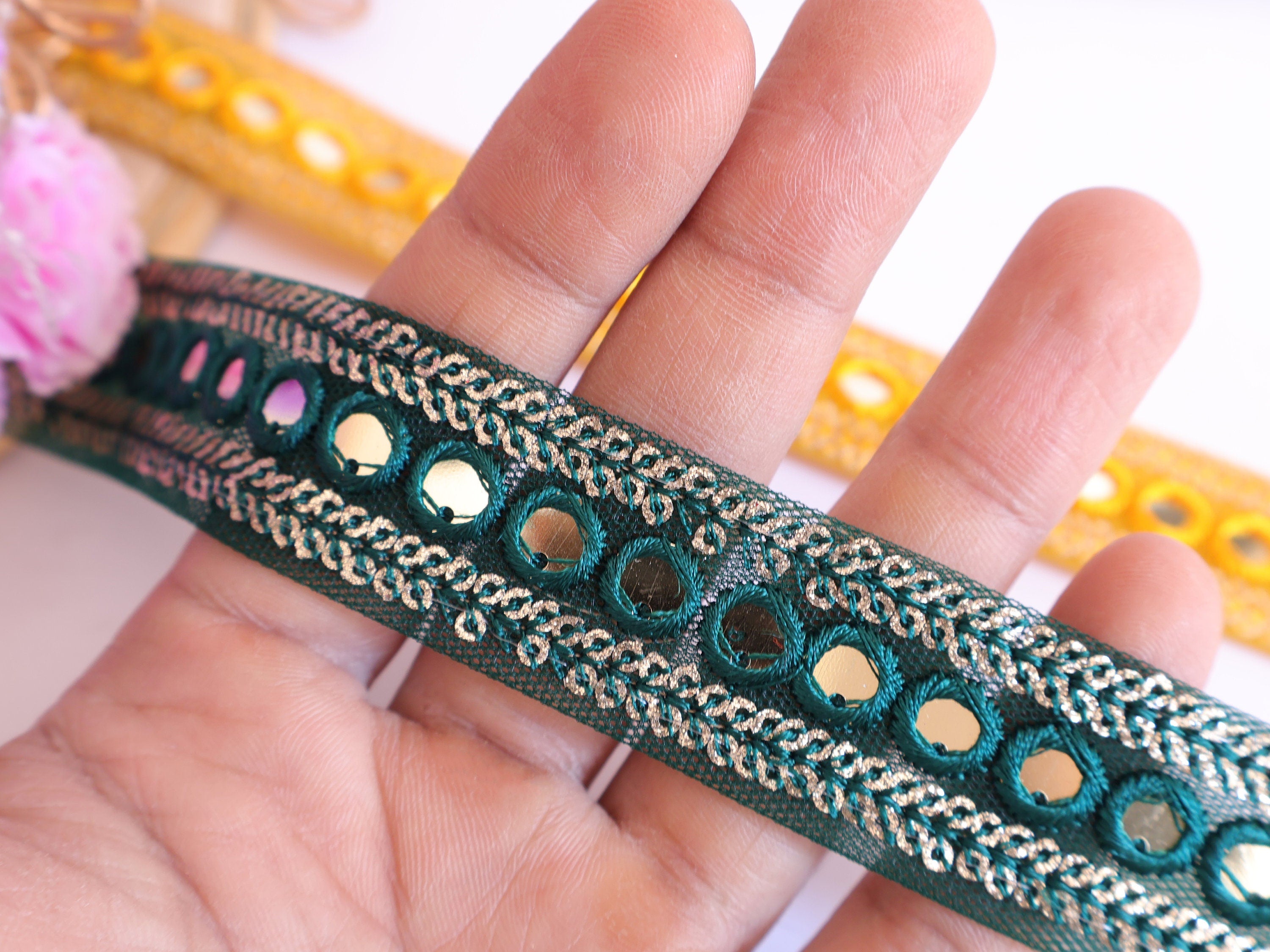 Sequin Trim Lace: Yellow & Green Embroidered Indian Ribbon, 9 Yards