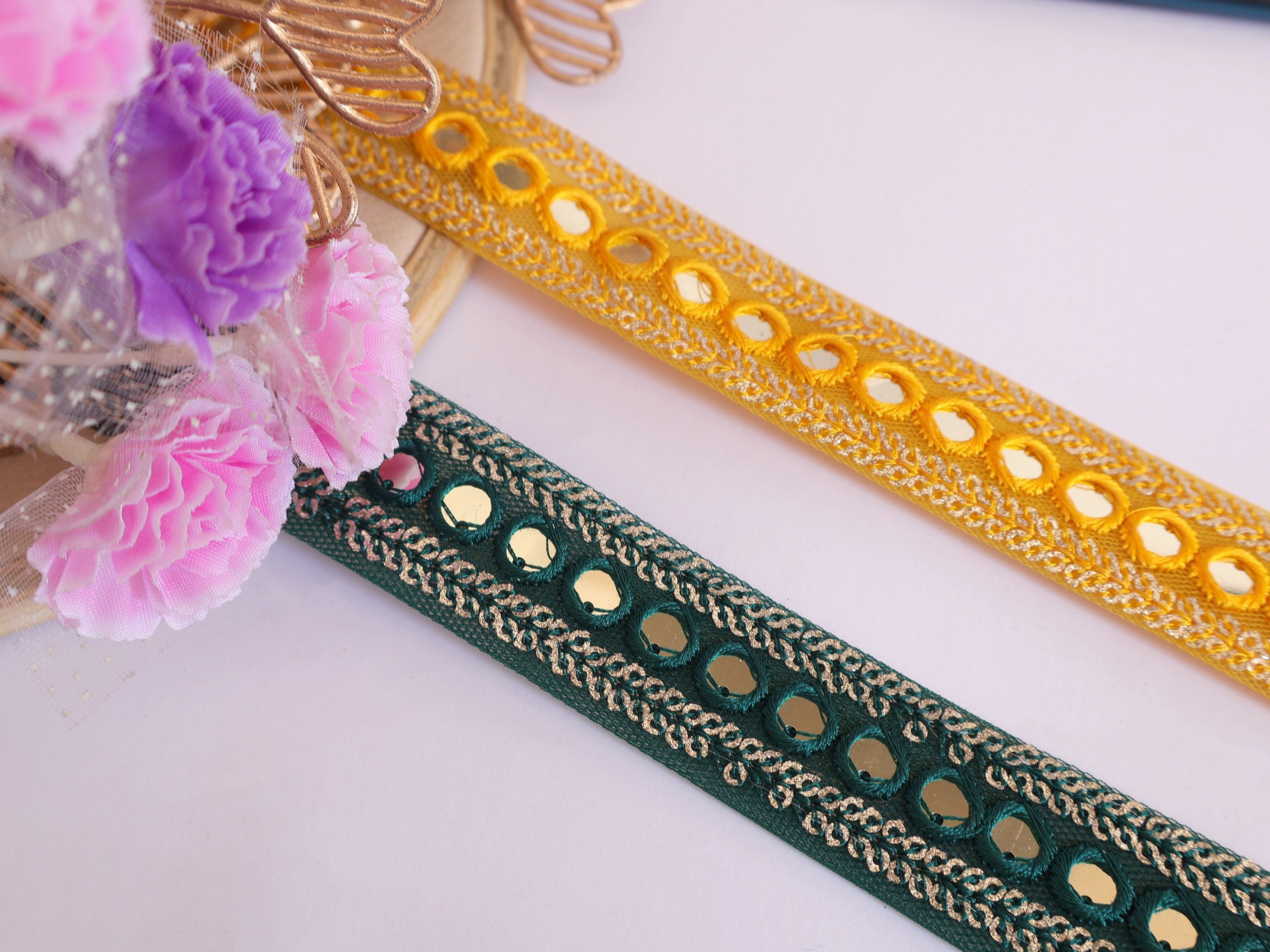 Sequin Trim Lace: Yellow & Green Embroidered Indian Ribbon, 9 Yards